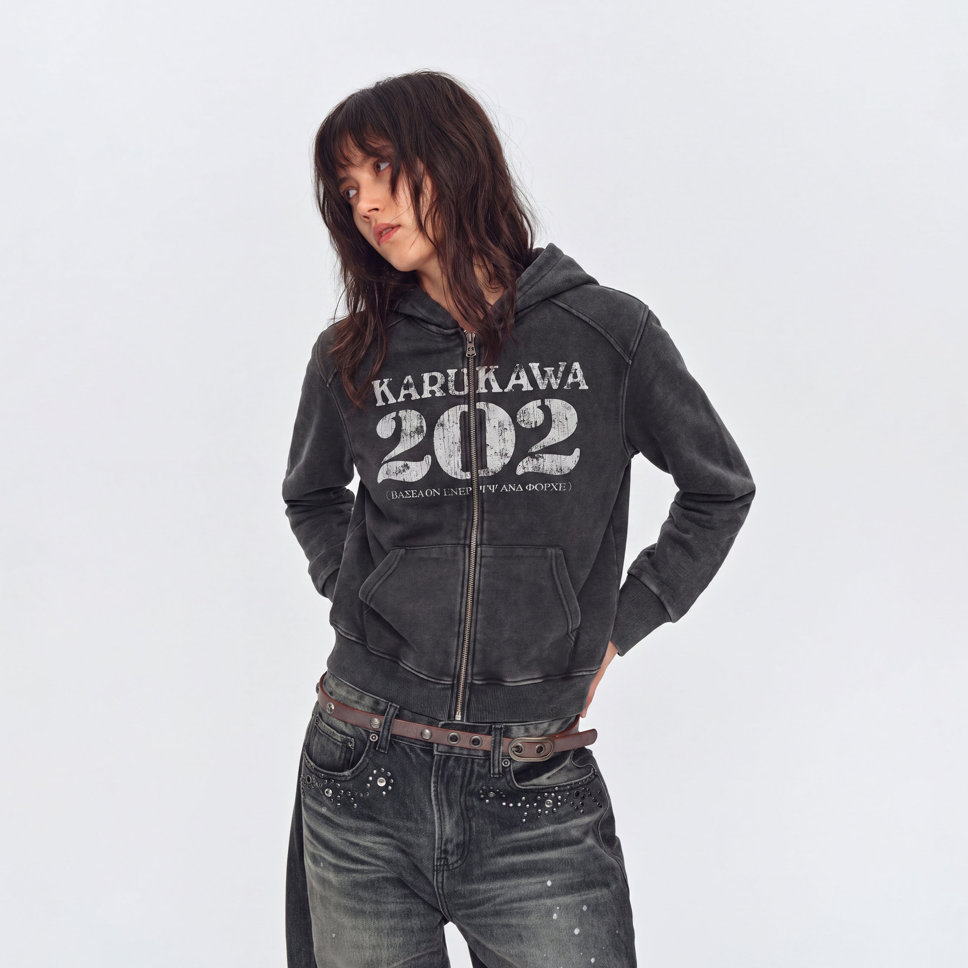 MADWITCH CRACKED-PRINT WASHED ZIP HOODIE #CW1375N