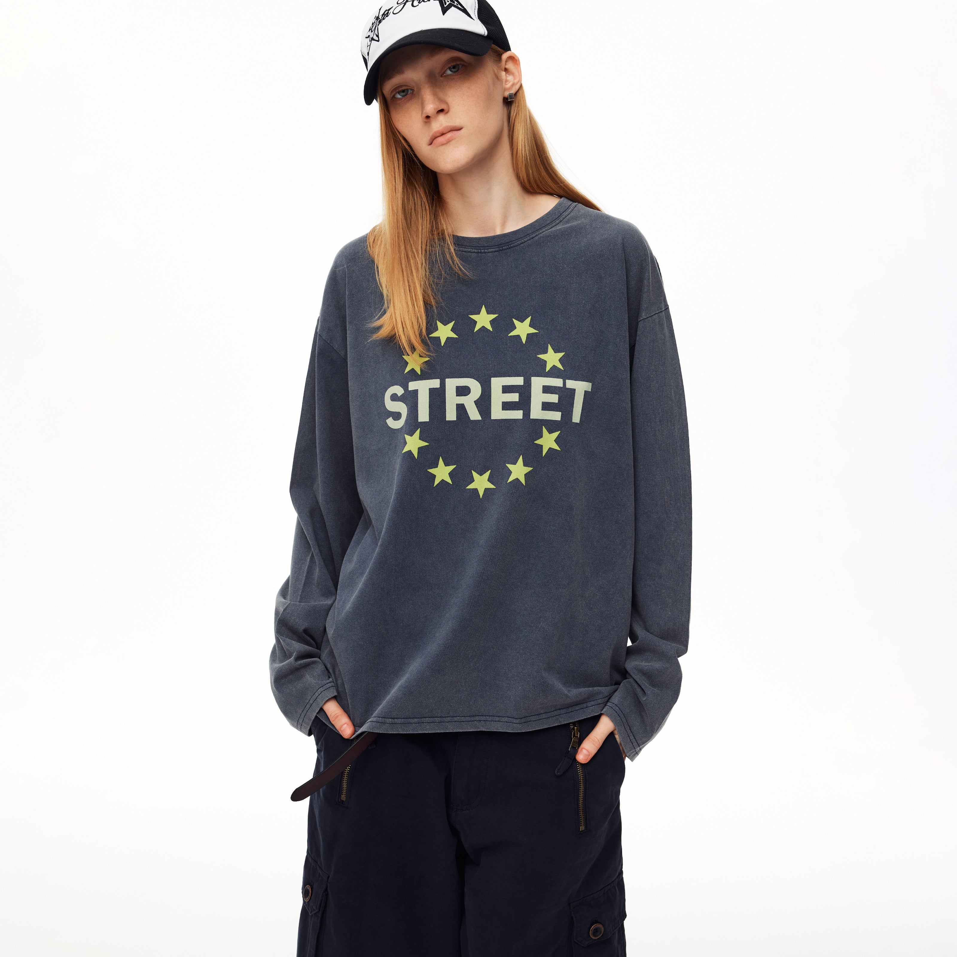 MADWITCH STREETWEAR DISTRESSED STAR-PRINT LONG-SLEEVE T-SHIRT #N2193