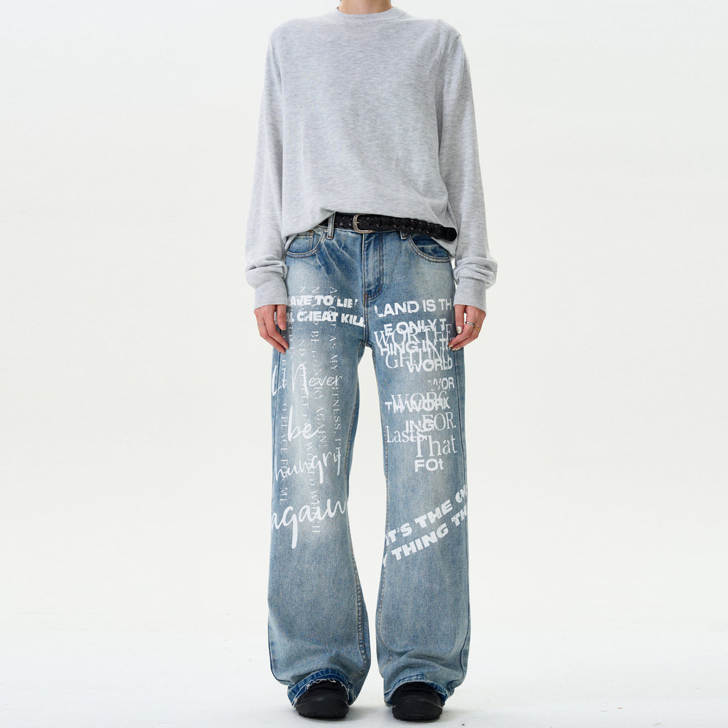 MADWITCH LETTER PRINT DENIM PANTS #G6482