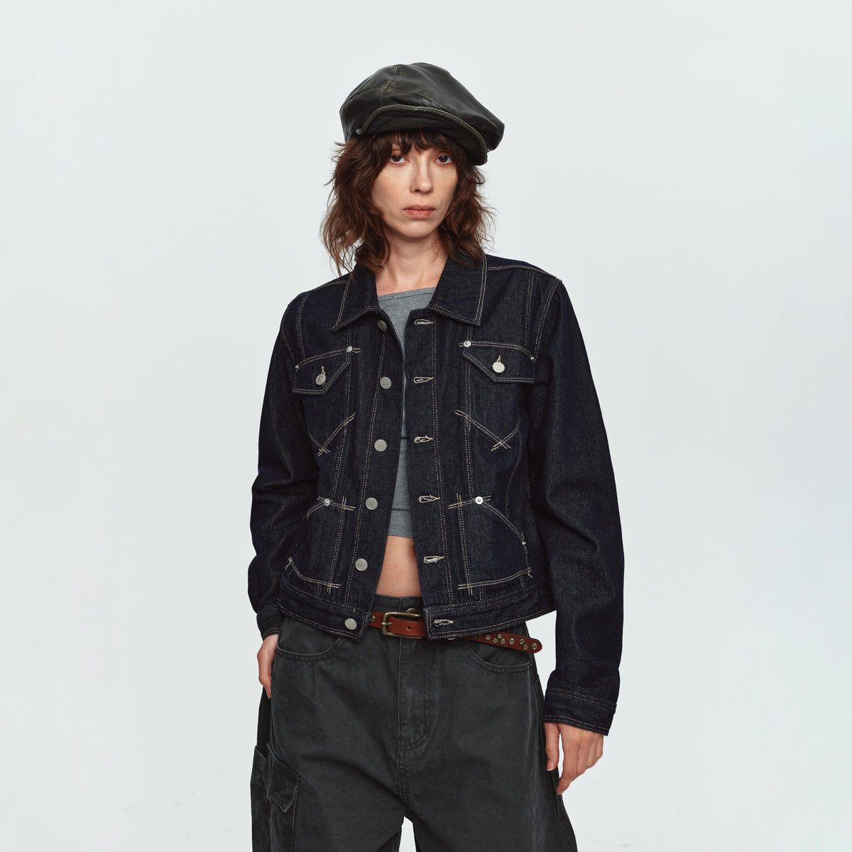 MADWITCH CONTRAST-STITCH CROPPED DENIM JACKET #C2026419
