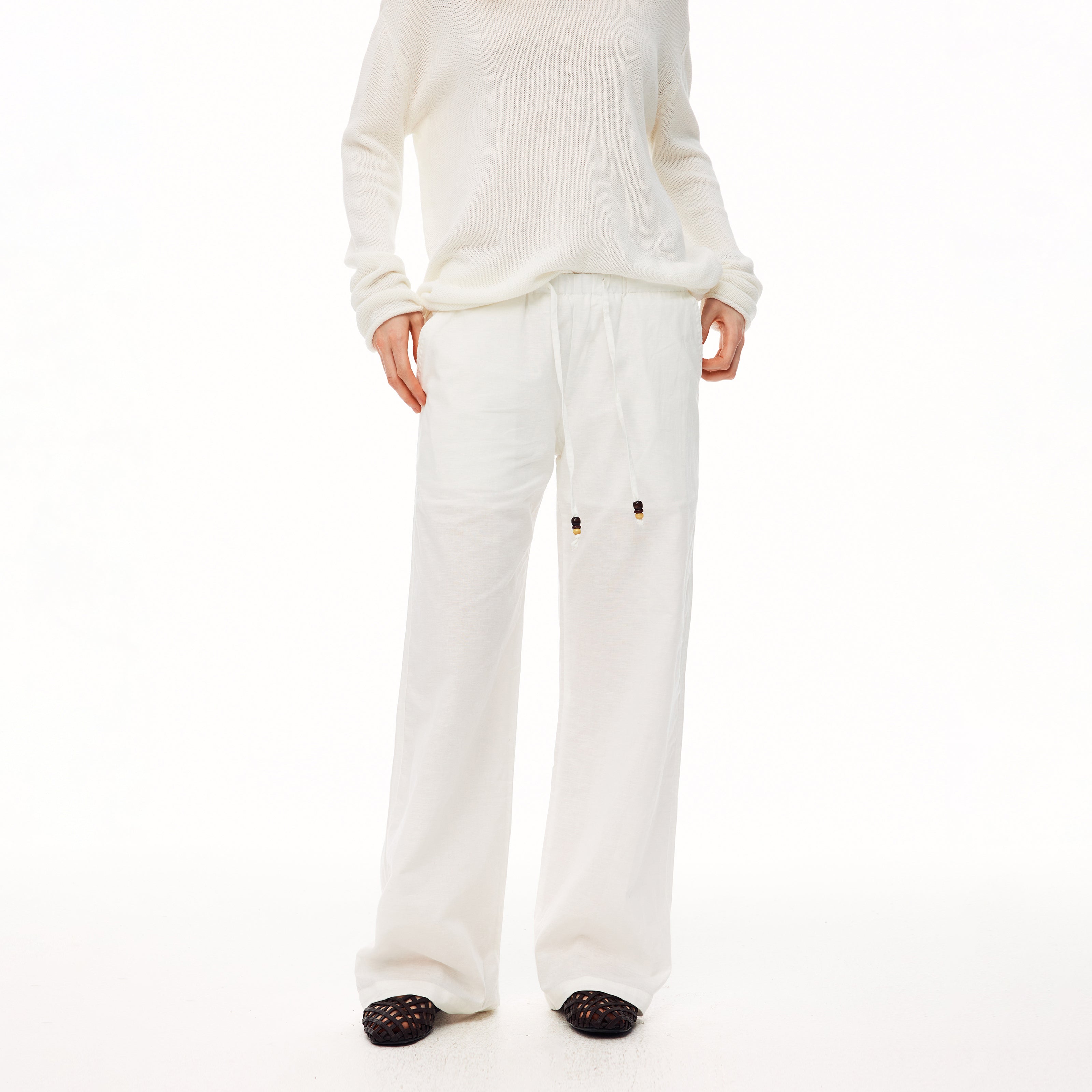 MADWITCH SLOUCHY LINEN-BLEND DRAWSTRING WIDE-LEG PANTS #CN61060