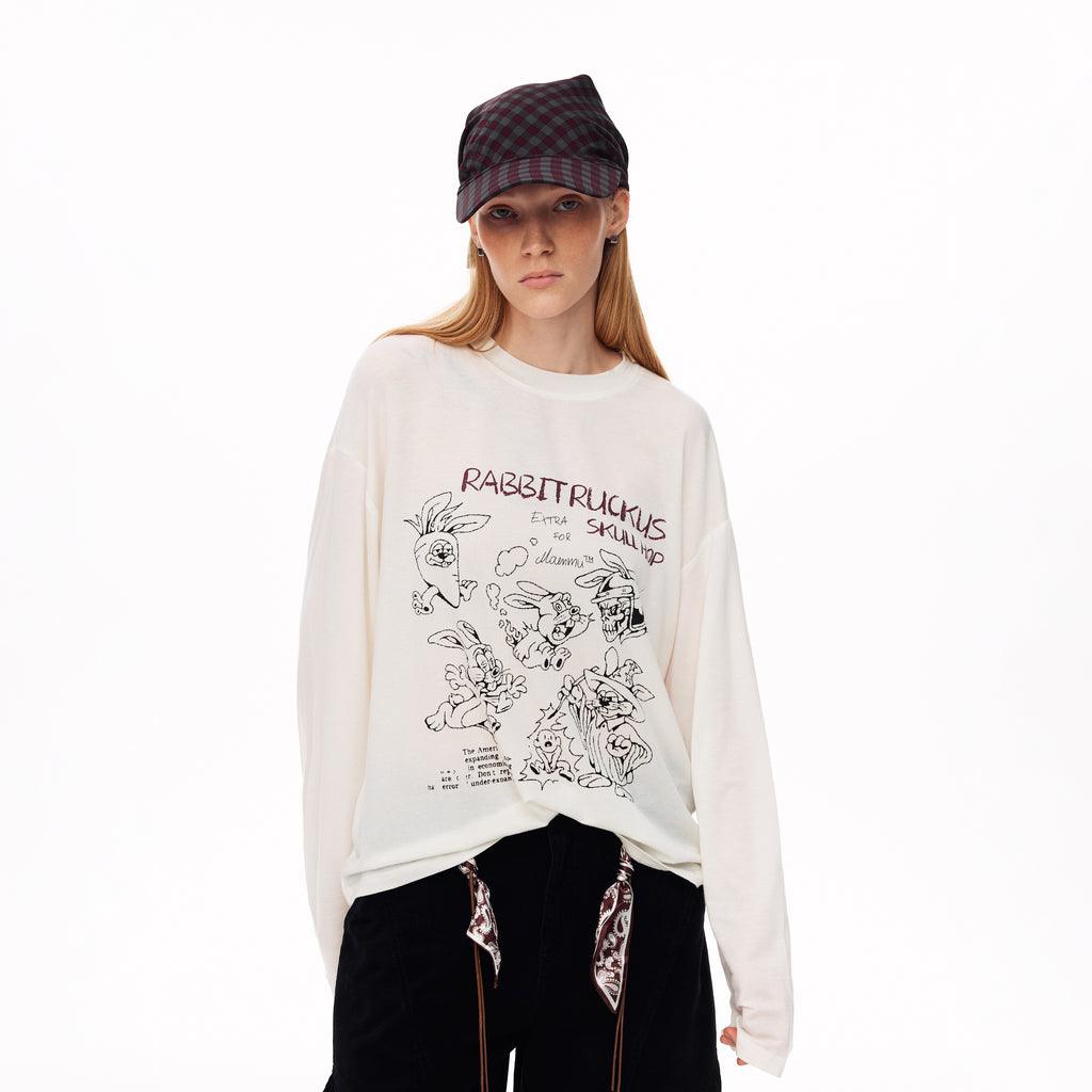 MADWITCH LOOSE RABBIT-PRINT LYOCELL LONG-SLEEVE T-SHIRT #N2191