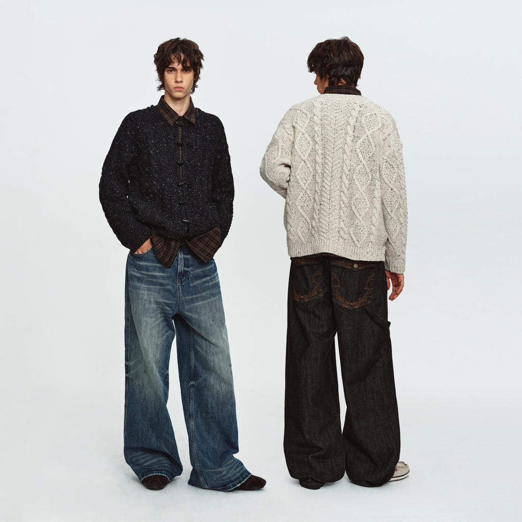 MADWITCH CABLE-KNIT HORN-BUTTON RELAXED SWEATER #9935