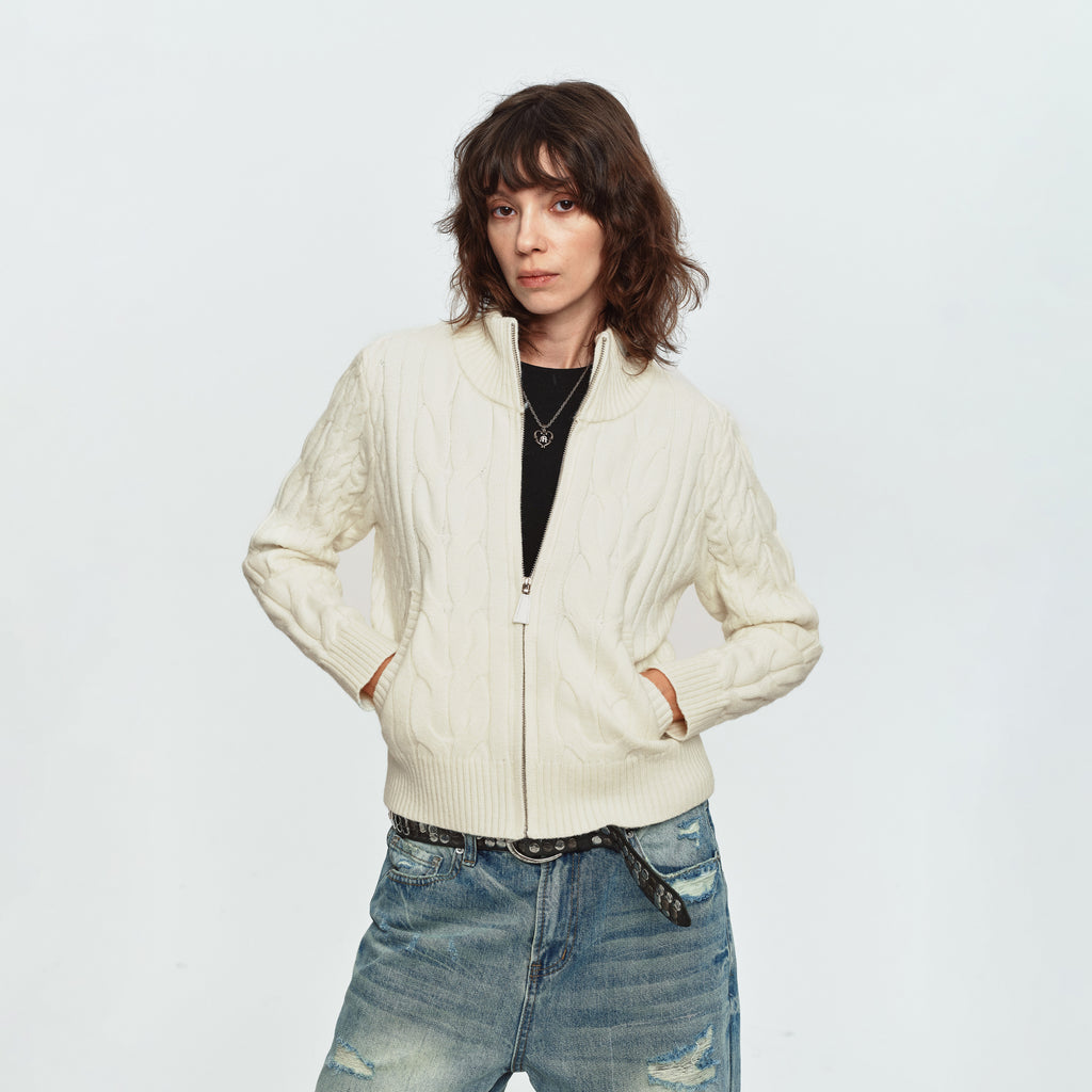 MADWITCH CABLE-KNIT STAND-COLLAR CARDIGAN SWEATER #L2026709