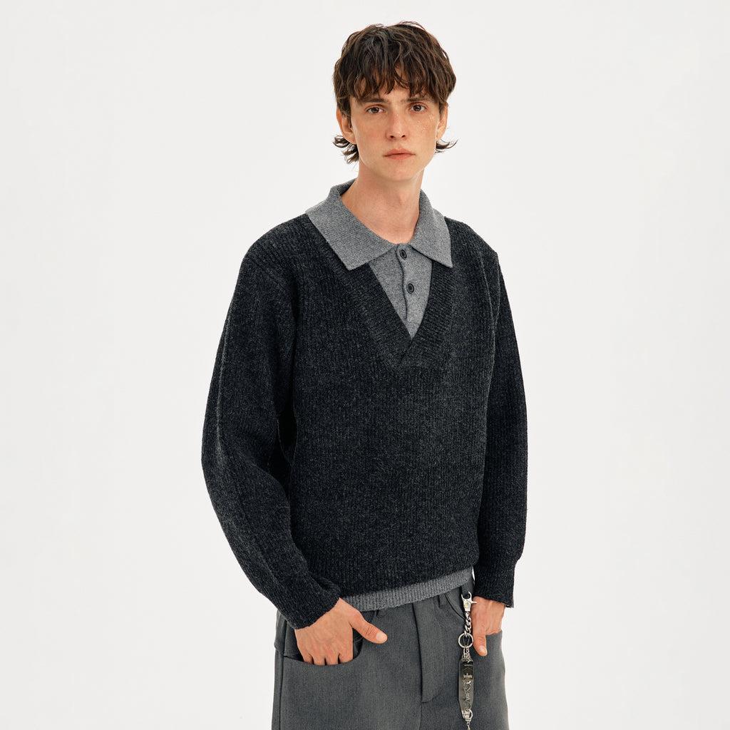 MADWITCH COLORBLOCK FAUX LAYER WOOL SWEATER #STYY8888