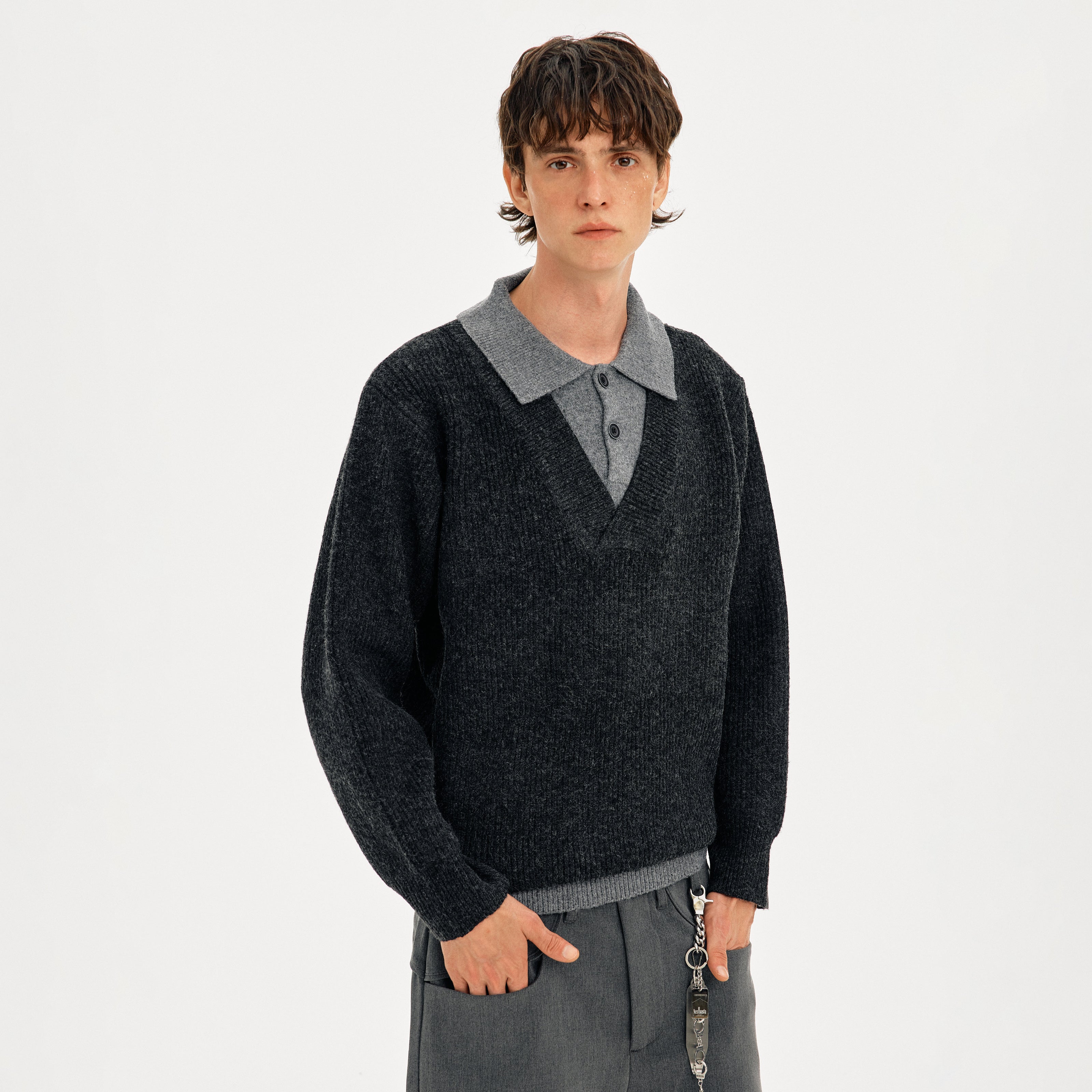 MADWITCH COLORBLOCK FAUX LAYER WOOL SWEATER #STYY8888