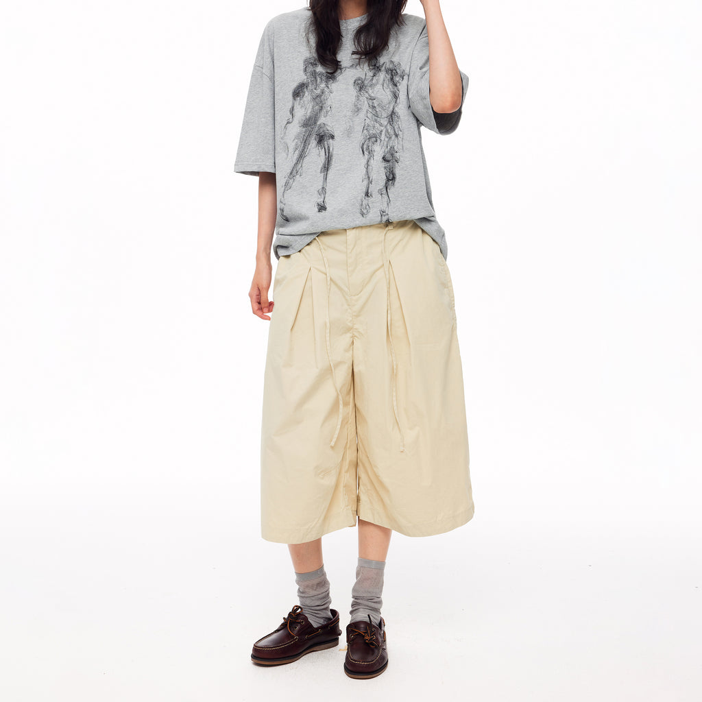 MADWITCH PLEATED DRAWSTRING DROPPED WIDE-LEG CAPRI PANTS #CK279D