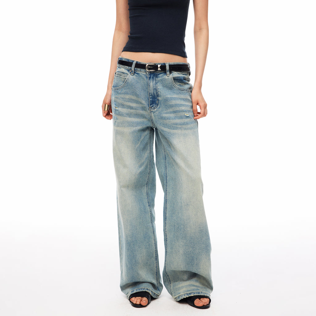 MADWITCH VINTAGE WASHED DISTRESSED WIDE-LEG JEANS #CN9835