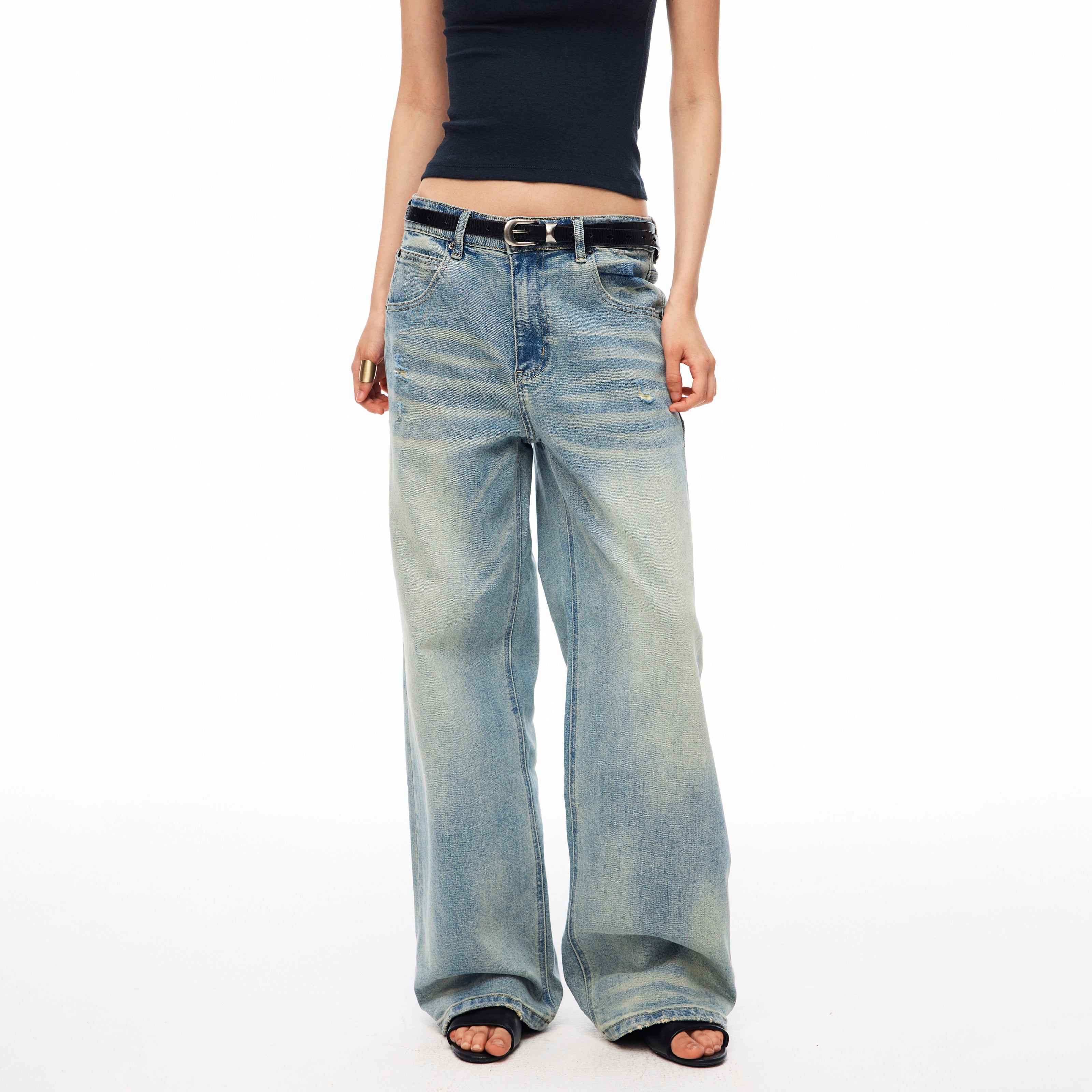 MADWITCH VINTAGE WASHED DISTRESSED WIDE-LEG JEANS #CN9835