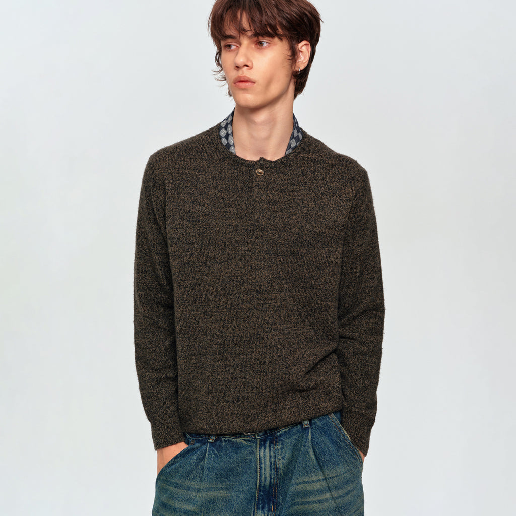 MADWITCH TEXTURED MARLED WOOL-BLEND HENLEY SWEATER #11826