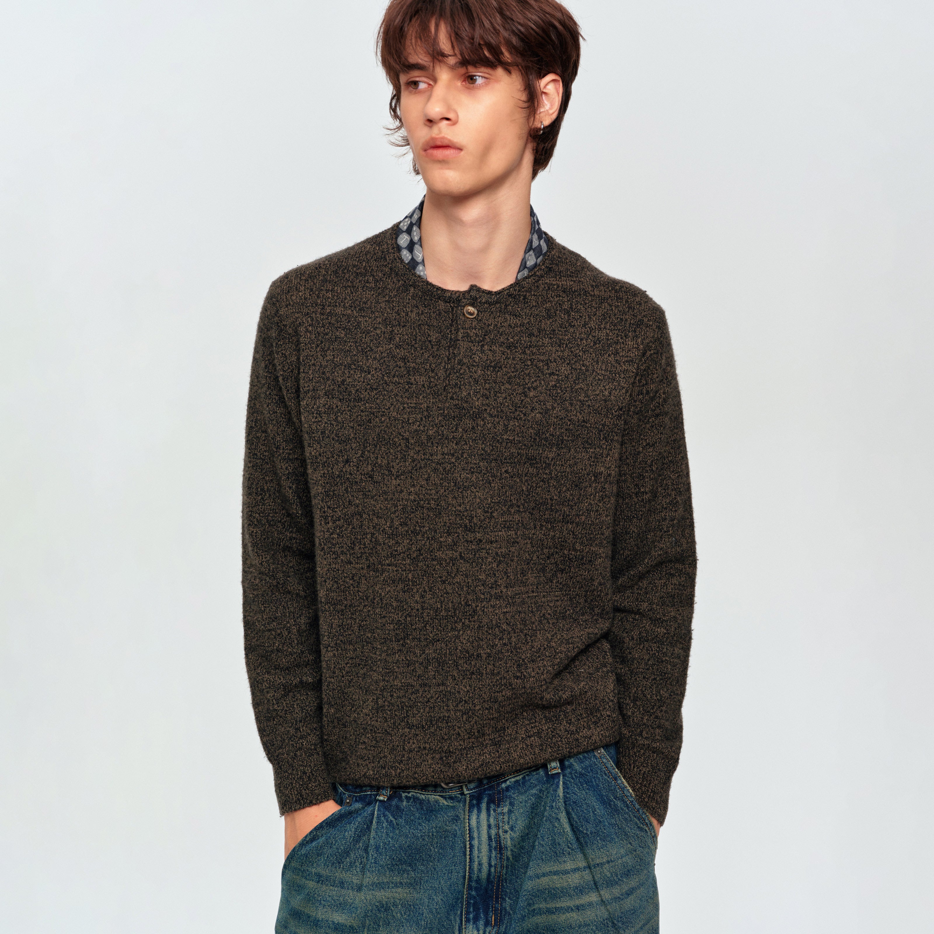 MADWITCH TEXTURED MARLED WOOL-BLEND HENLEY SWEATER #11826