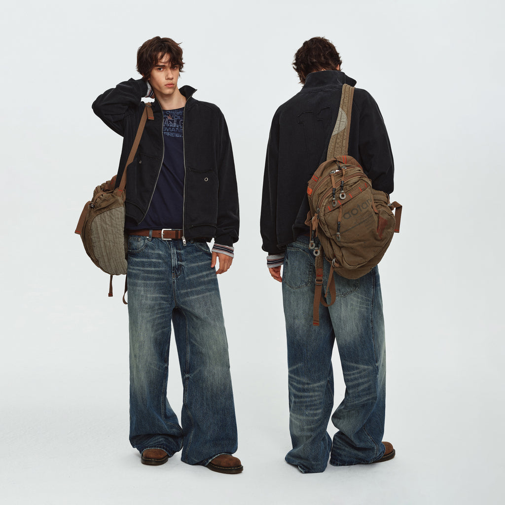 MADWITCH WASHED EYELET-POCKET ZIP SWEATSHIRT JACKET #CW1382