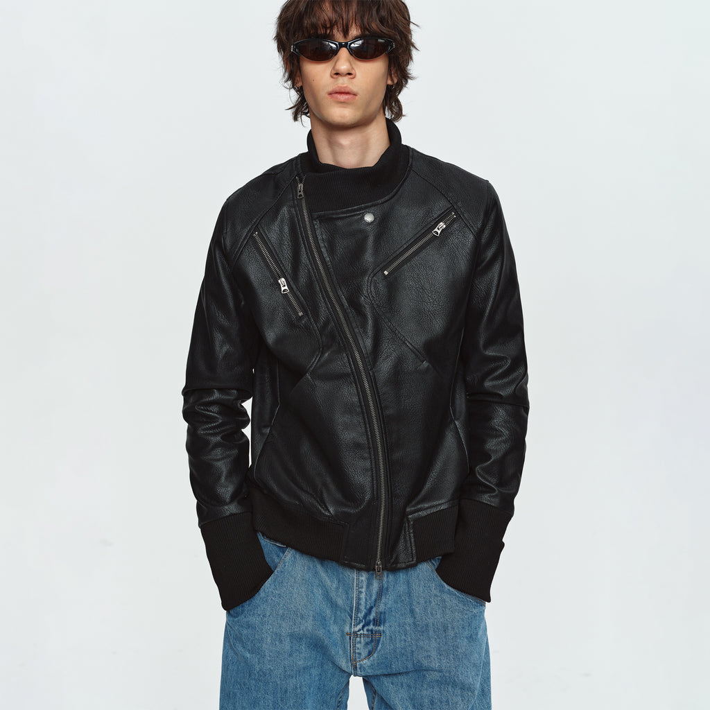 MADWITCH ASYMMETRICAL-ZIP STAND-COLLAR FAUX-LEATHER MOTO JACKET #CW1373N