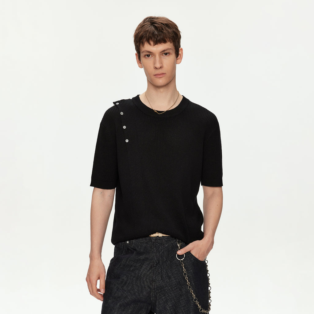 MADWITCH ASYMMETRIC BUTTON RIBBED KNIT TEE #MY26503
