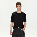 MADWITCH ASYMMETRIC BUTTON RIBBED KNIT TEE #MY26503