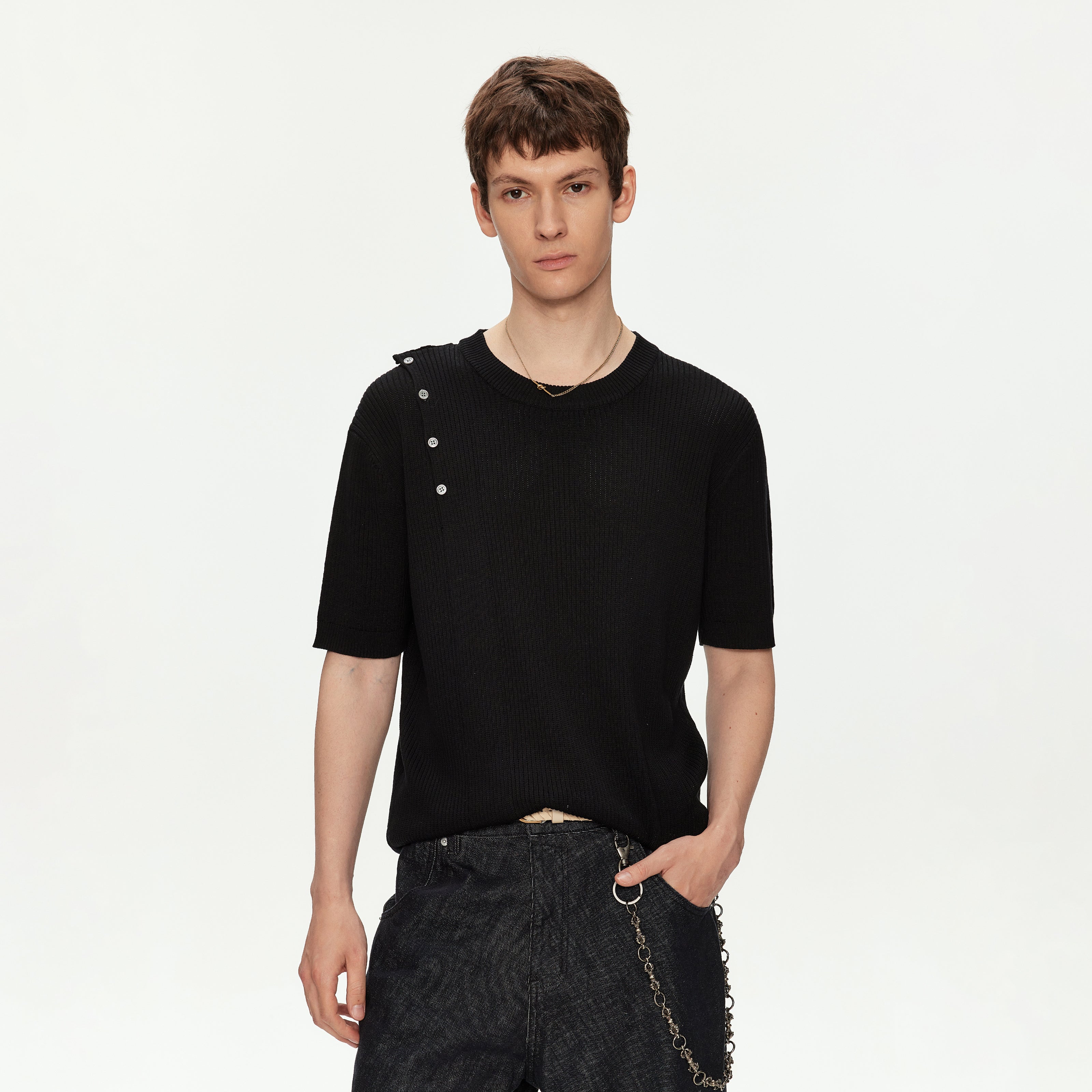 MADWITCH ASYMMETRIC BUTTON RIBBED KNIT TEE #MY26503