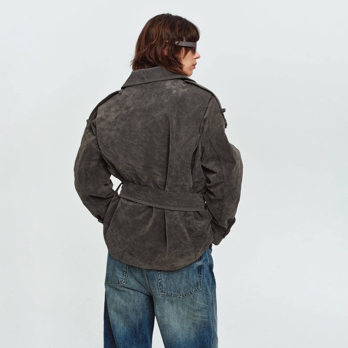 MADWITCH DOUBLE-BREASTED CINCHED DISTRESSED FAUX-SUEDE JACKET #2026325