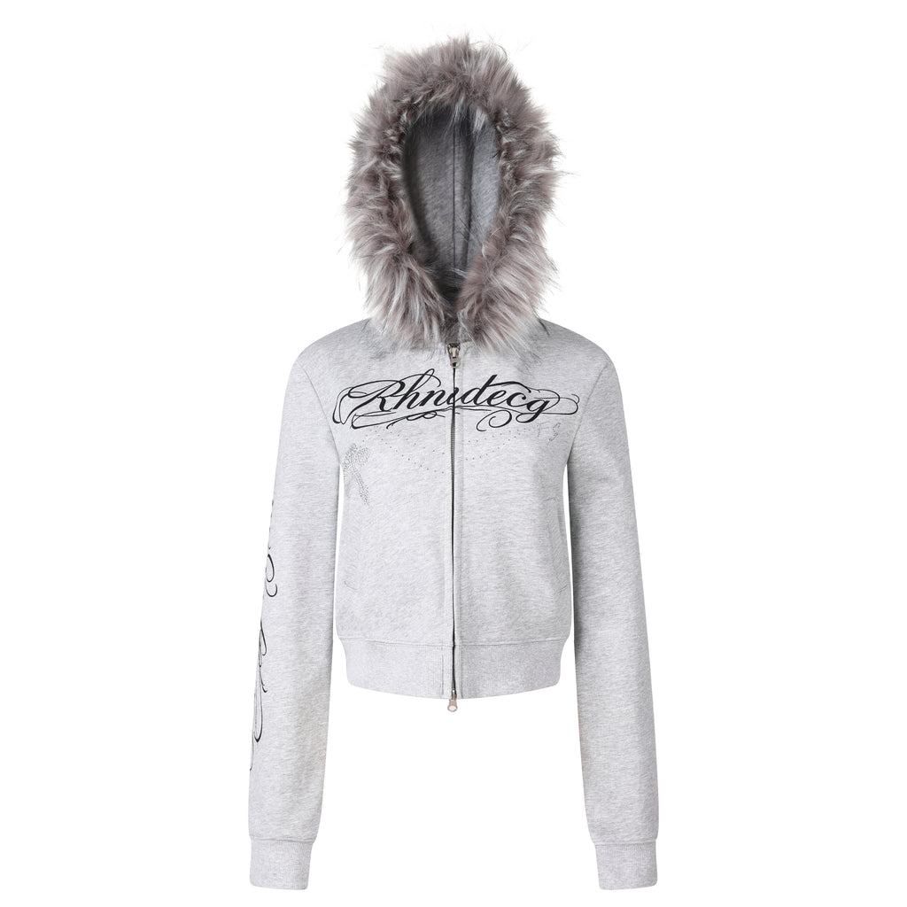MADWITCH RHINESTONE-SCRIPT FAUX-FUR TRIM CROPPED ZIP HOODIE #L2026585