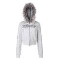 MADWITCH RHINESTONE-SCRIPT FAUX-FUR TRIM CROPPED ZIP HOODIE #L2026585