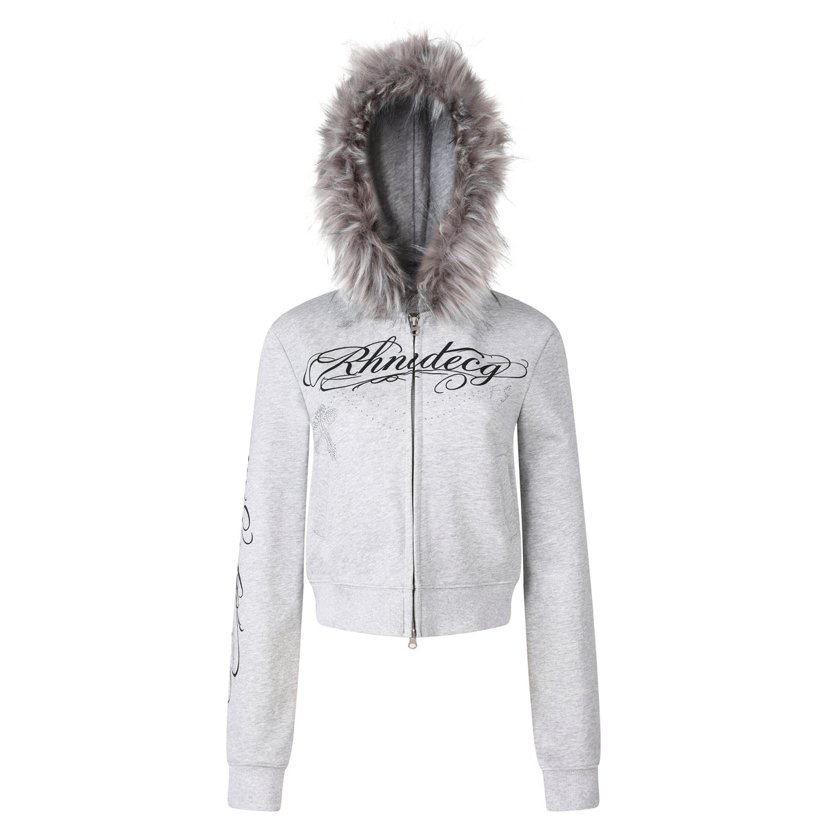 MADWITCH RHINESTONE-SCRIPT FAUX-FUR TRIM CROPPED ZIP HOODIE #L2026585
