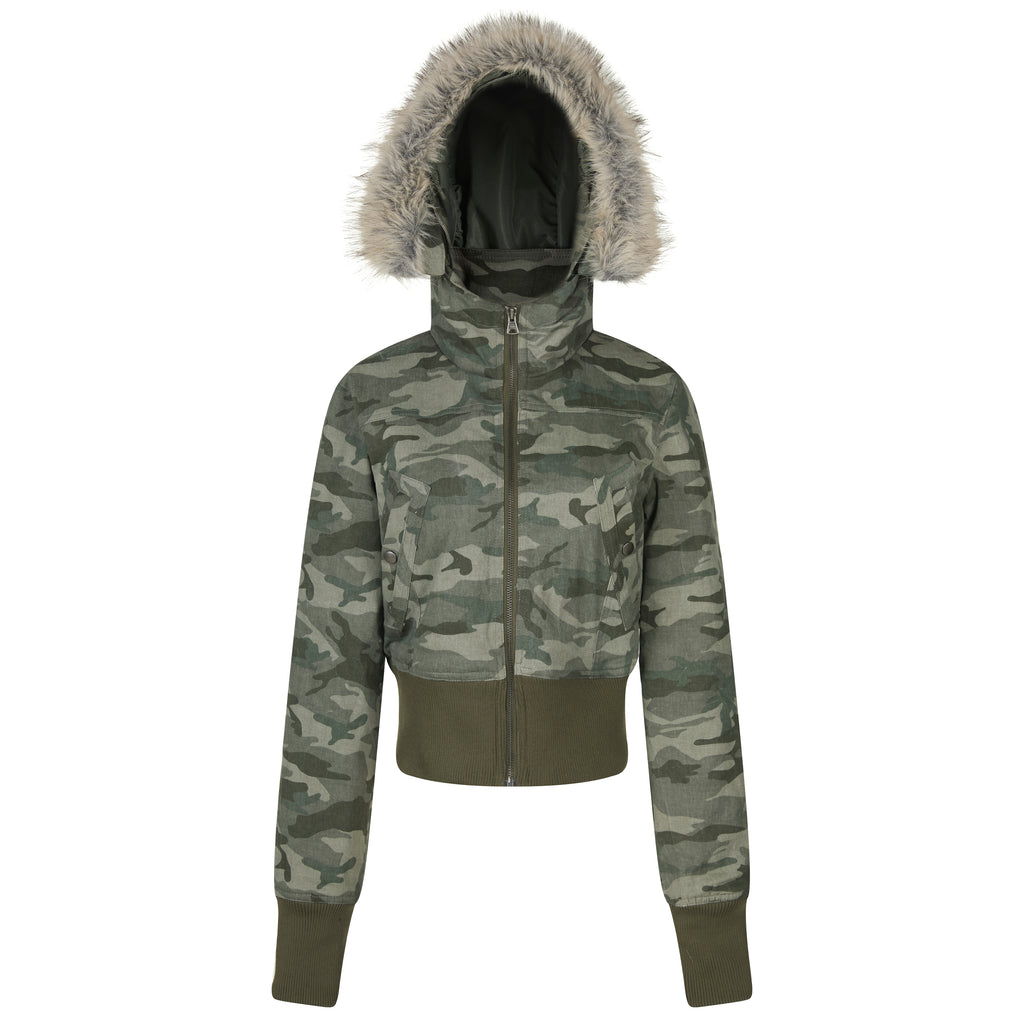MADWITCH FAUX-FUR HOODED CINCHED CROPPED CAMO PUFFER #L2026539