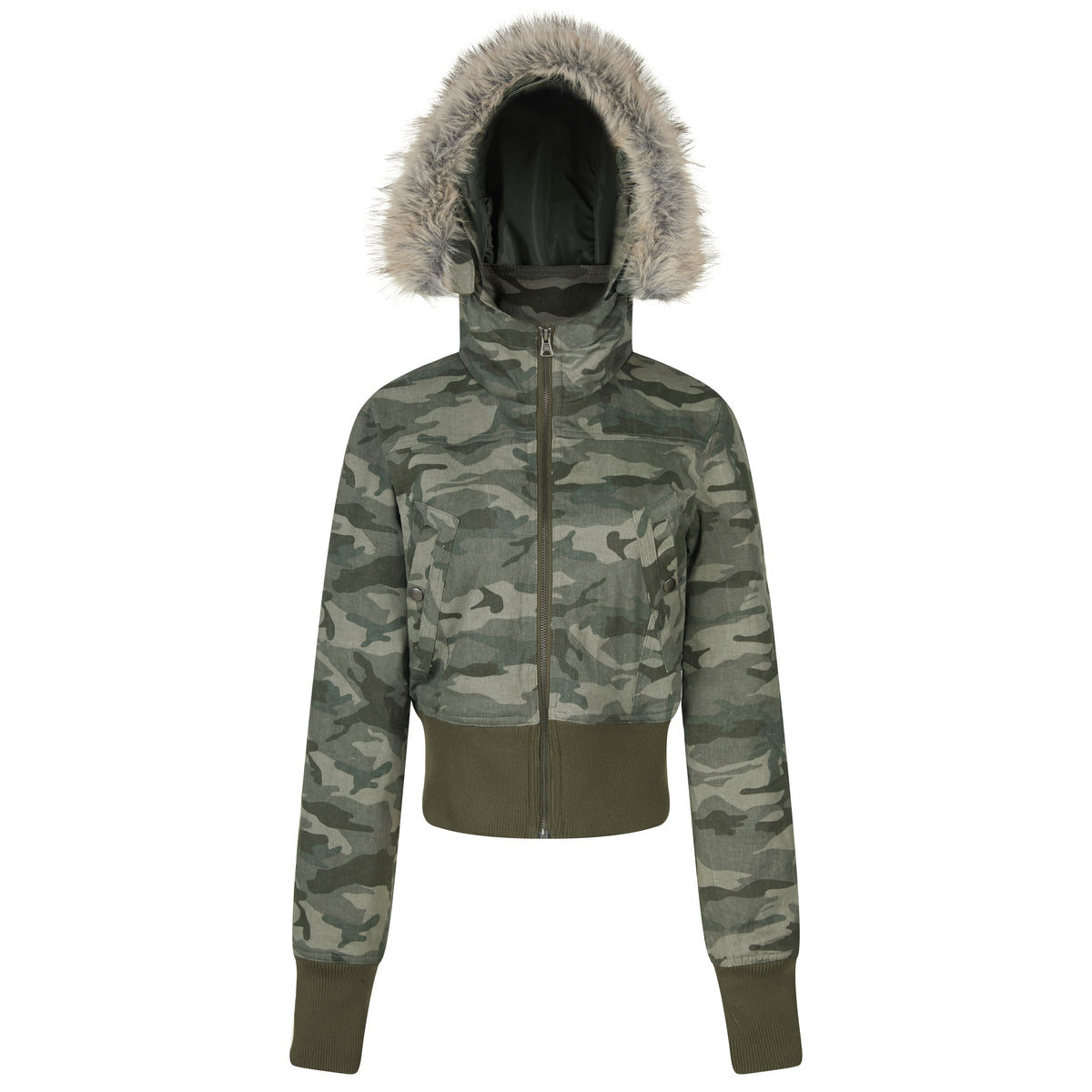 MADWITCH FAUX-FUR HOODED CINCHED CROPPED CAMO PUFFER #L2026539