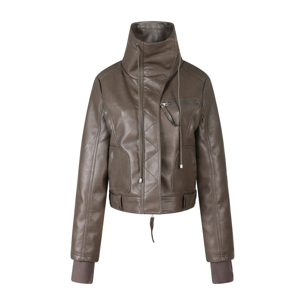 MADWITCH ASYMMETRIC-ZIP HIGH-COLLAR CROPPED FAUX-LEATHER BIKER JACKET #L2026611