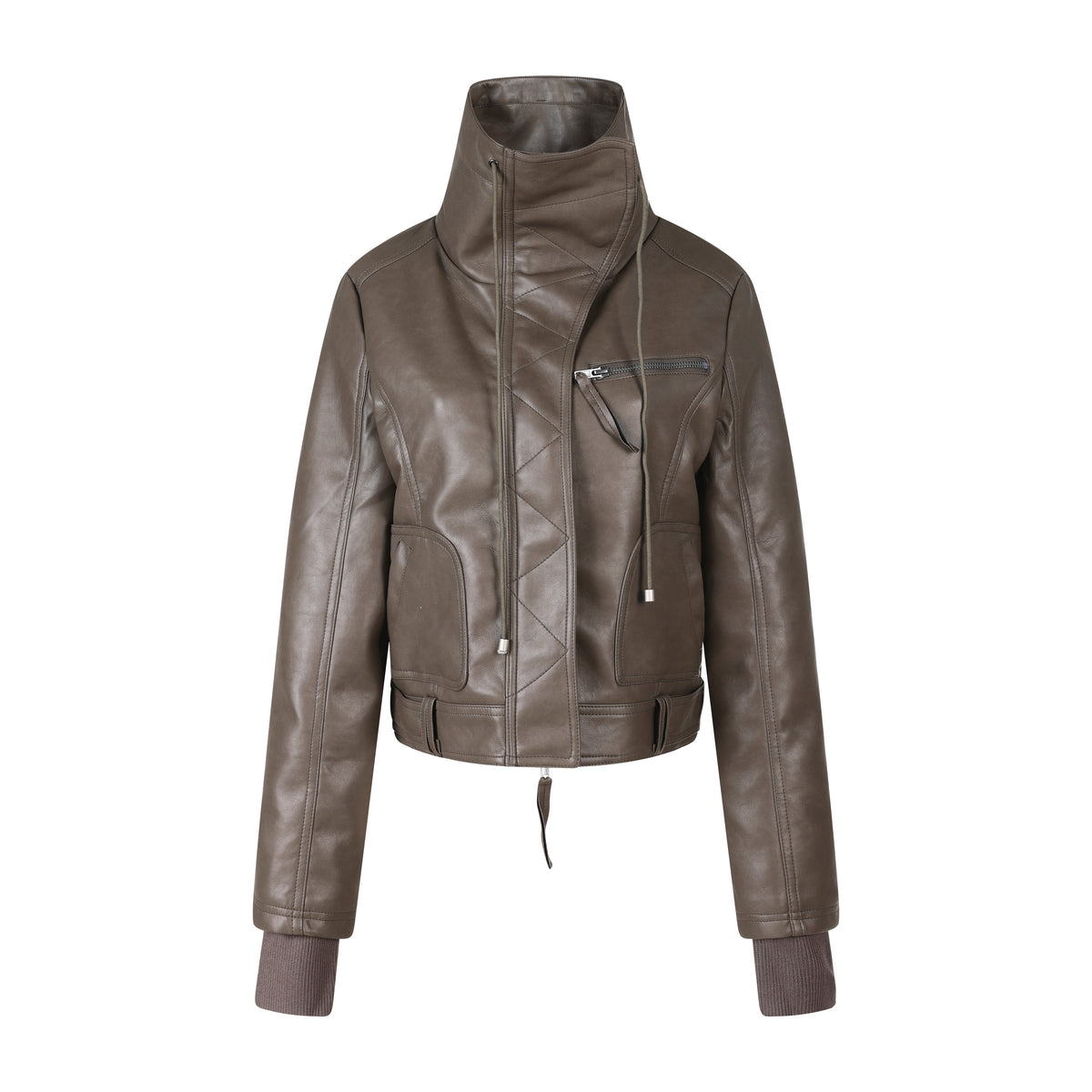 MADWITCH ASYMMETRIC-ZIP HIGH-COLLAR CROPPED FAUX-LEATHER BIKER JACKET #L2026611