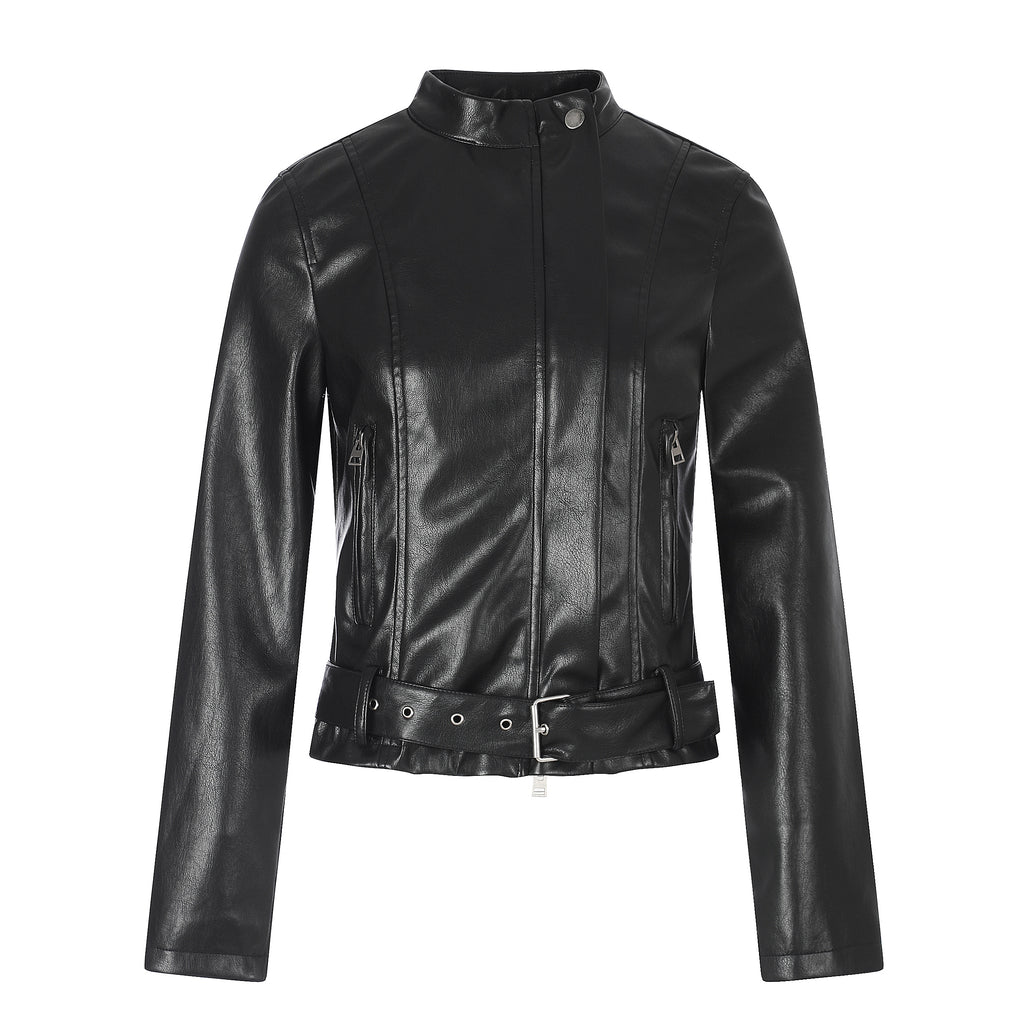 MADWITCH BELTED CROPPED FAUX-LEATHER BIKER JACKET #CW1383N