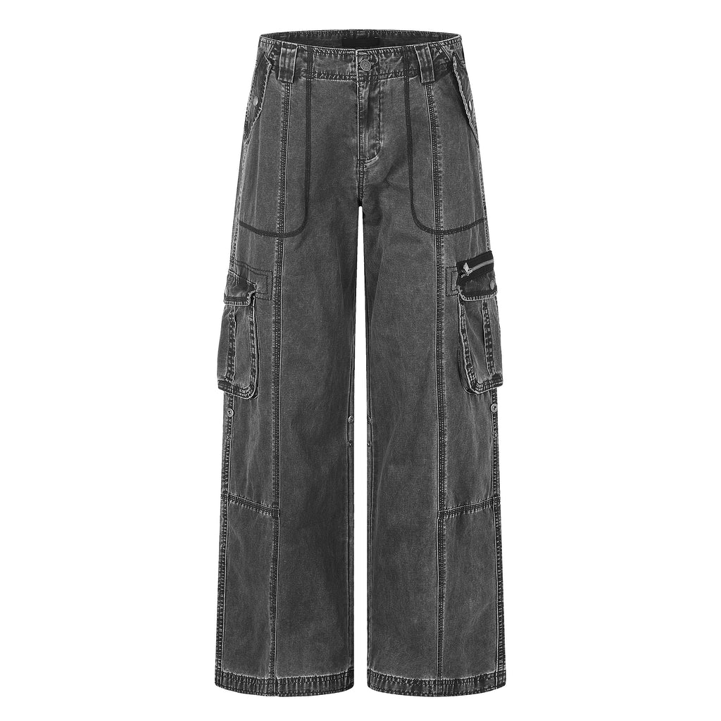 MADWITCH WASHED CONTRAST-STITCH WIDE-LEG CARGO PANTS #GPC61110N