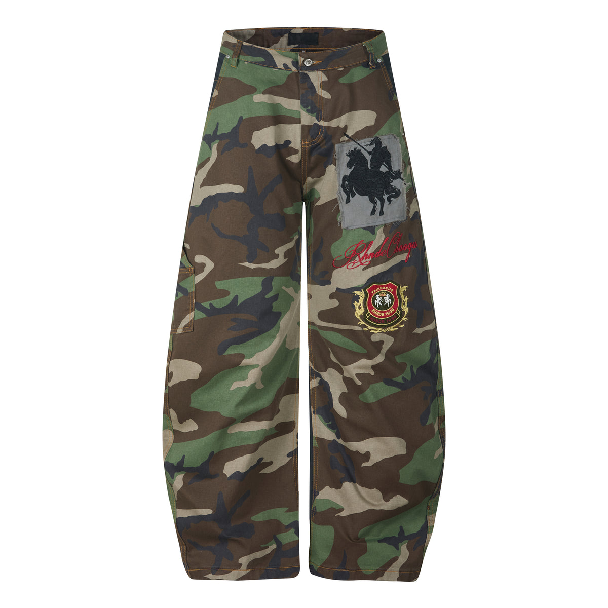 MADWITCH BADGE-EMBROIDERED CAMO CURVED-LEG CARGO PANTS #L2026627