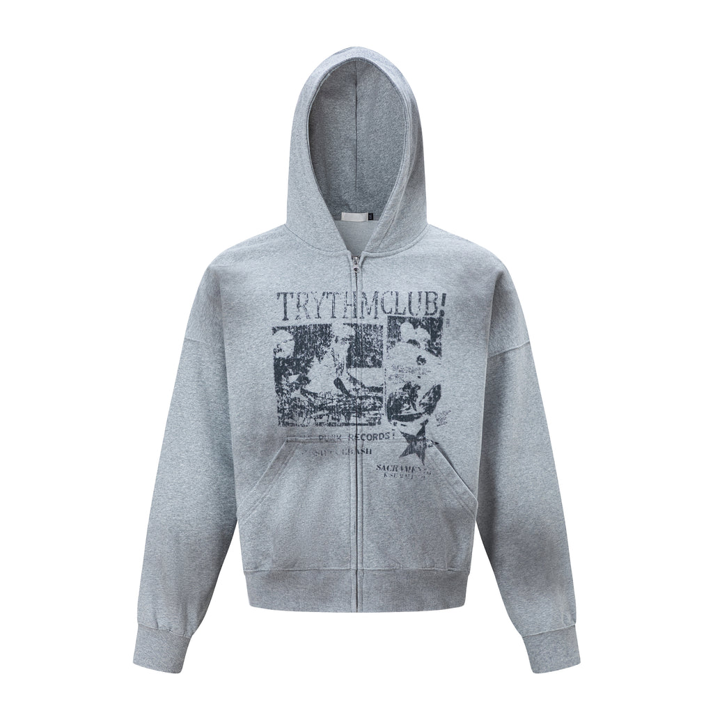 MADWITCH RECORD-PRINT WASHED ZIP HOODIE #27560