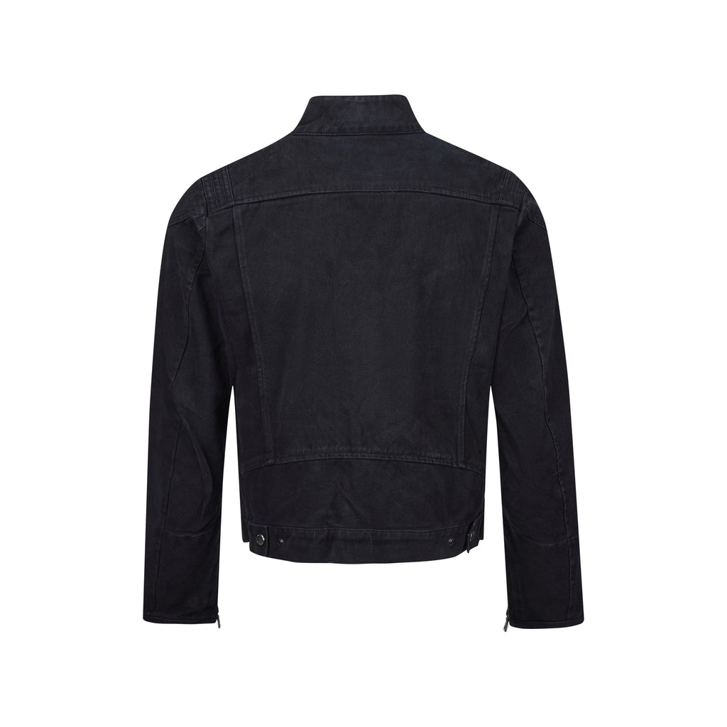 MADWITCH ASYMMETRIC-ZIP WASHED STAND-COLLAR CROPPED MOTO JACKET #261627