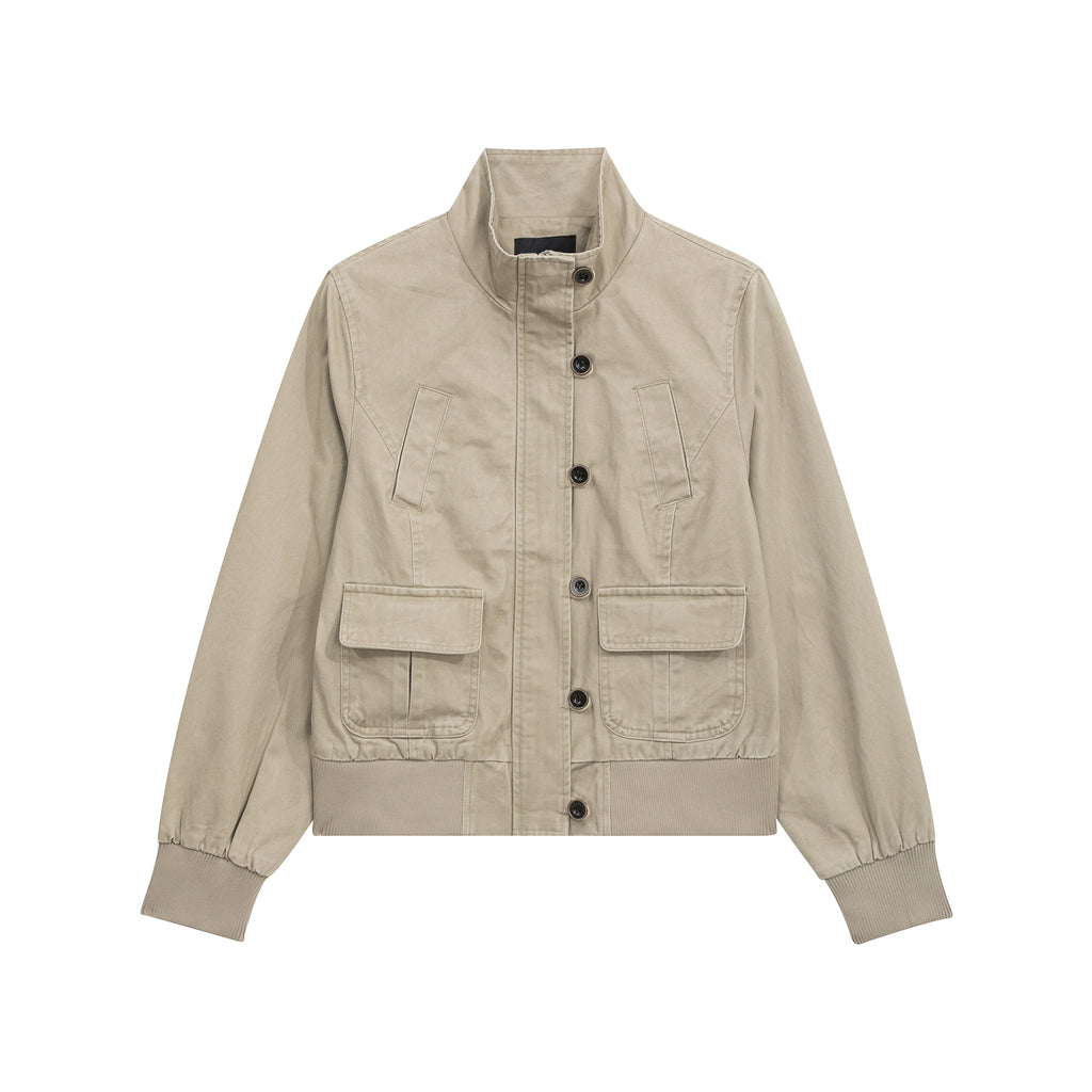 MADWITCH WASHED DISTRESSED MULTI-POCKET STAND-COLLAR CROPPED UTILITY JACKET #N606