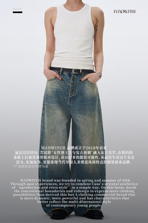 MADWITCH BUTTON-FLY DRAPED DENIM PANTS #G1202