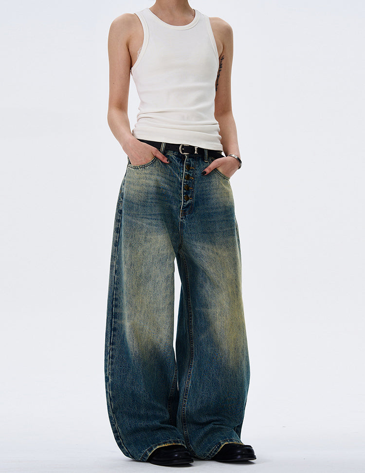 MADWITCH BUTTON-FLY DRAPED DENIM PANTS #G1202