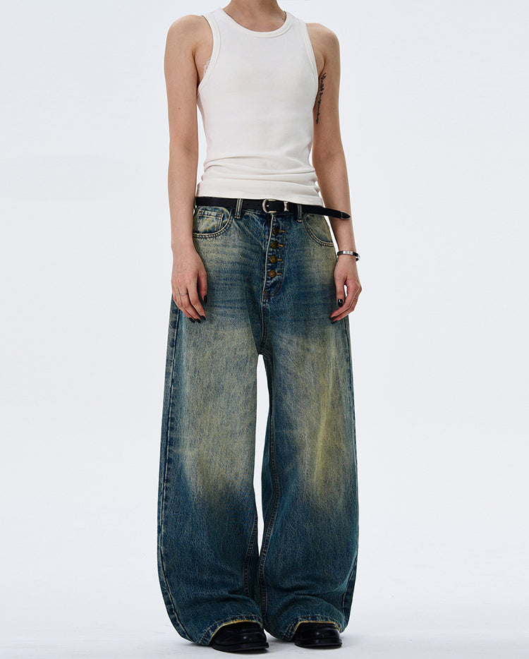 MADWITCH BUTTON-FLY DRAPED DENIM PANTS #G1202