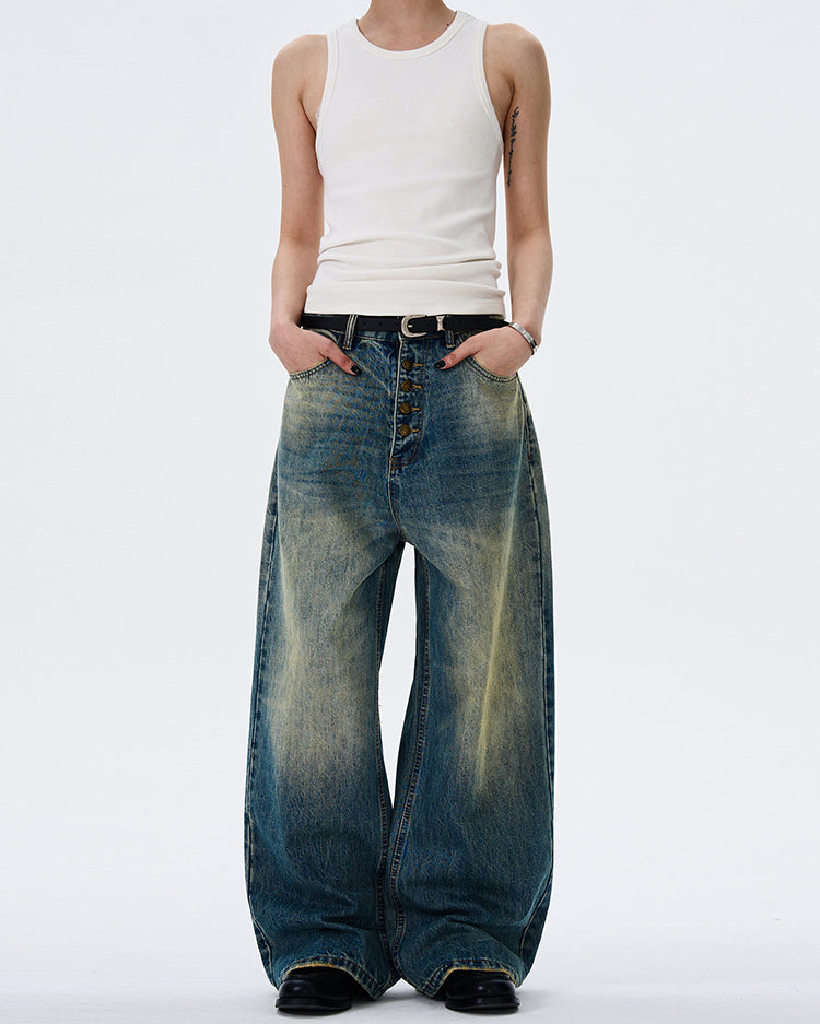 MADWITCH BUTTON-FLY DRAPED DENIM PANTS #G1202