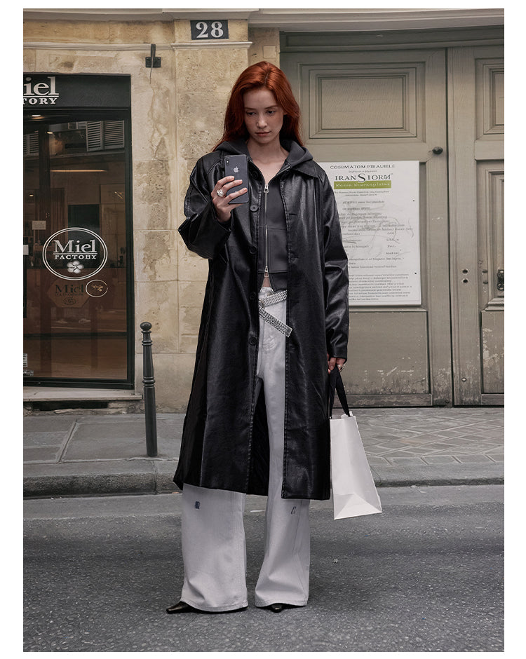 MADWITCH PU LONG LINE LEATHER COAT #28116