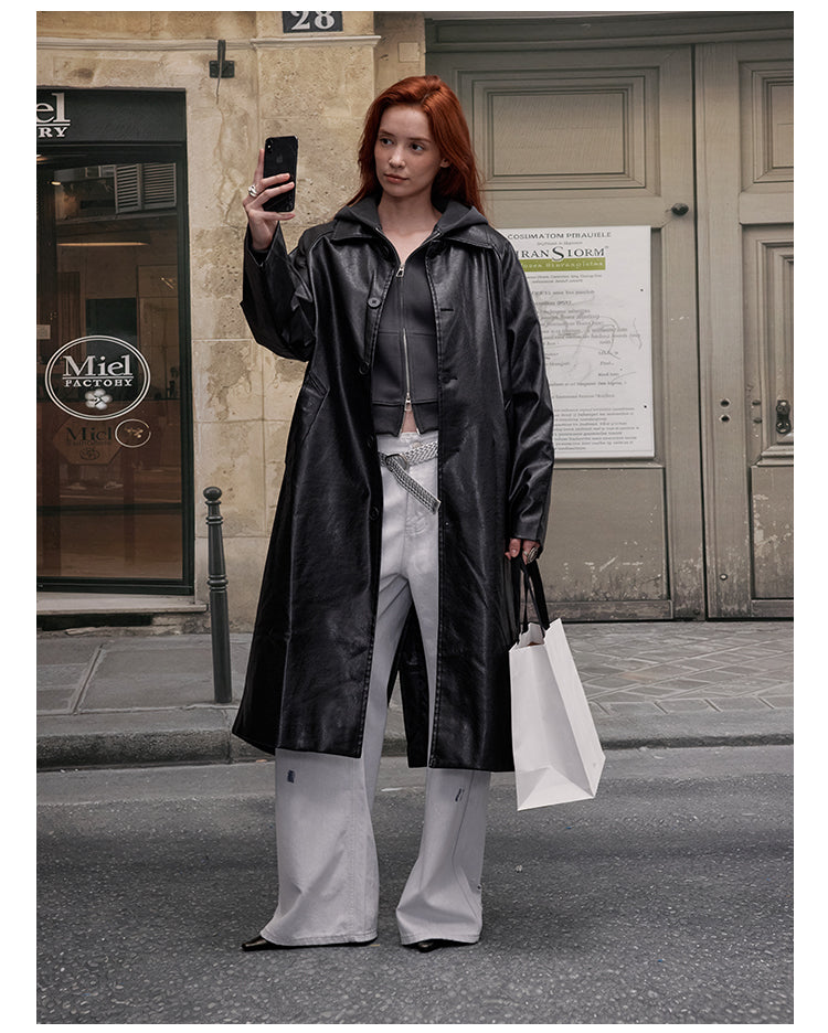 MADWITCH PU LONG LINE LEATHER COAT #28116