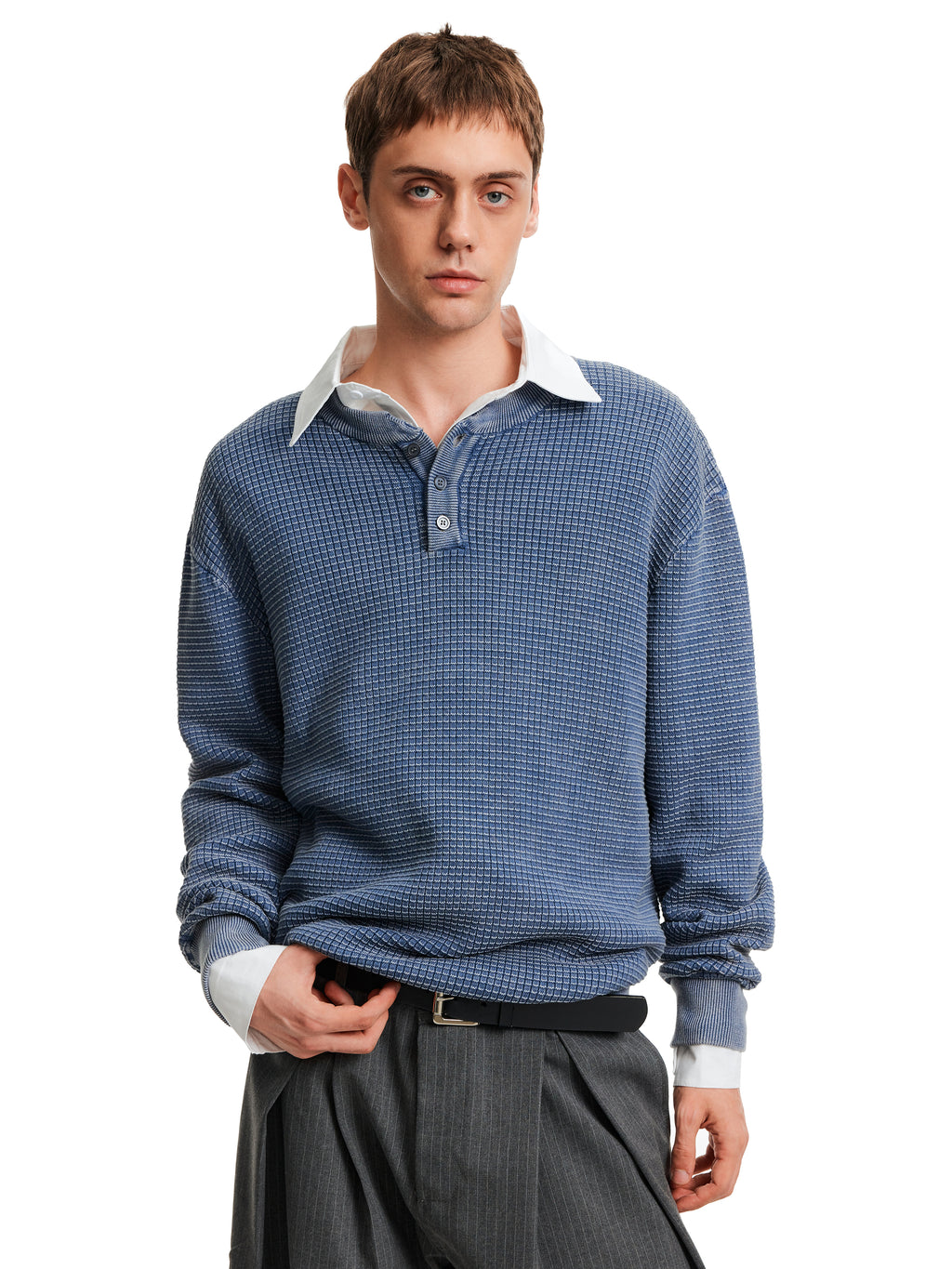 MADWITCH WAFFLE HENLEY KNIT #AK070