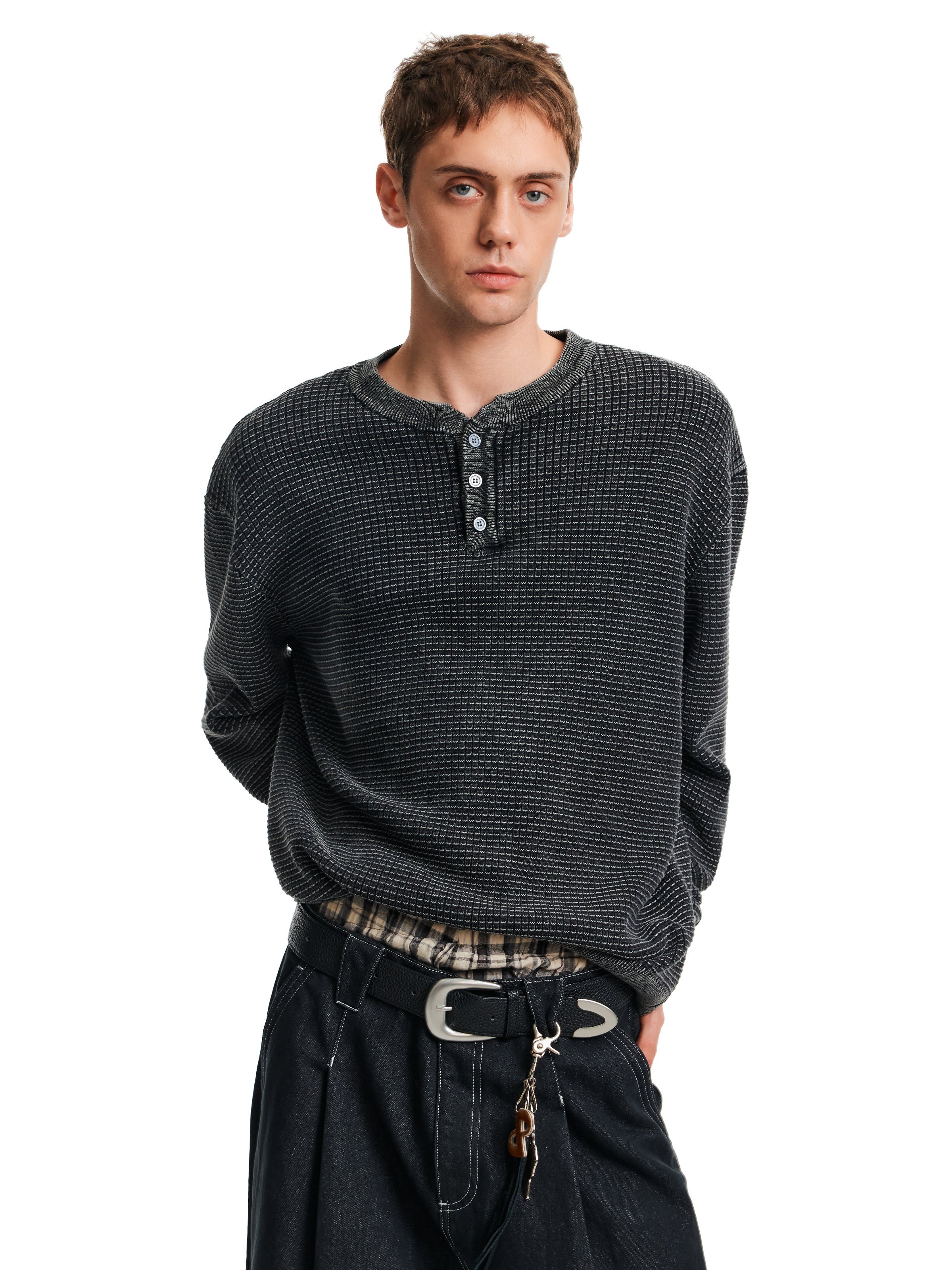 MADWITCH WAFFLE HENLEY KNIT #AK070