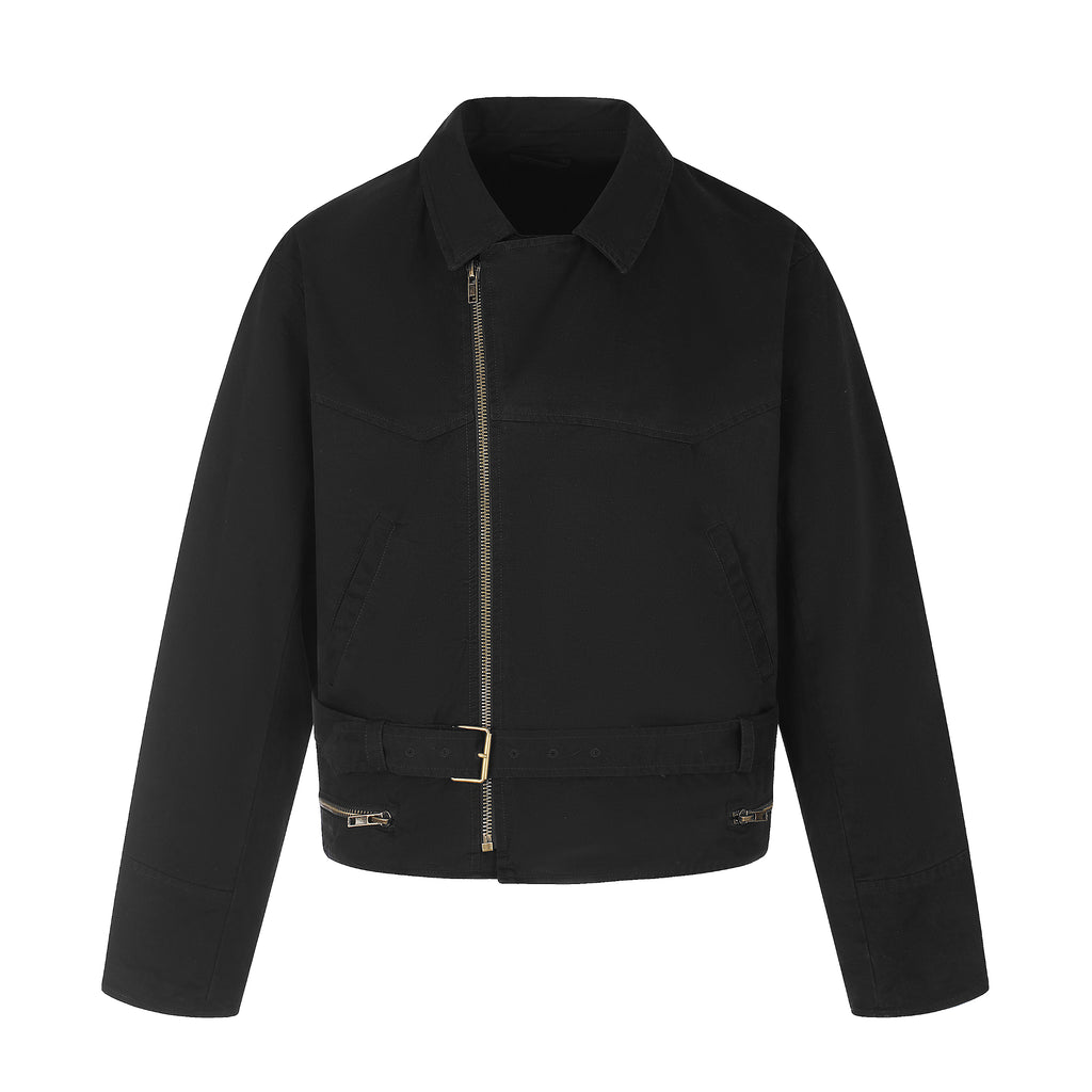 MADWITCH ASYMMETRICAL-ZIP BELTED CROPPED BIKER JACKET #CW1376