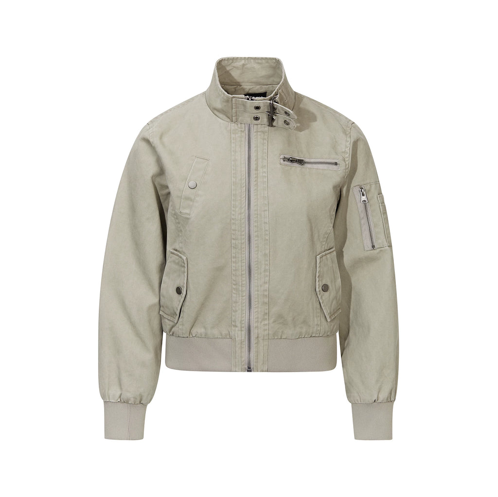 MADWITCH BUCKLED-COLLAR MULTI-POCKET WASHED CROPPED JACKET #N607