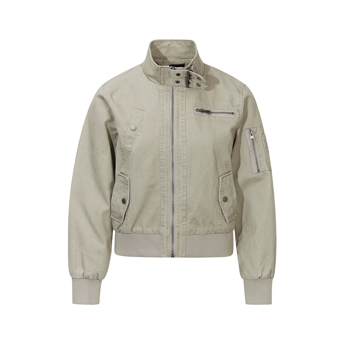 MADWITCH BUCKLED-COLLAR MULTI-POCKET WASHED CROPPED JACKET #N607