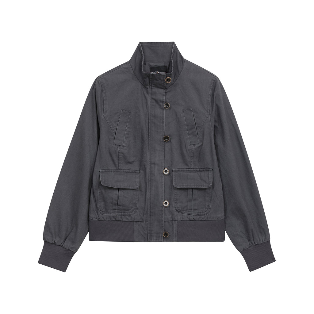 MADWITCH WASHED DISTRESSED MULTI-POCKET STAND-COLLAR CROPPED UTILITY JACKET #N606