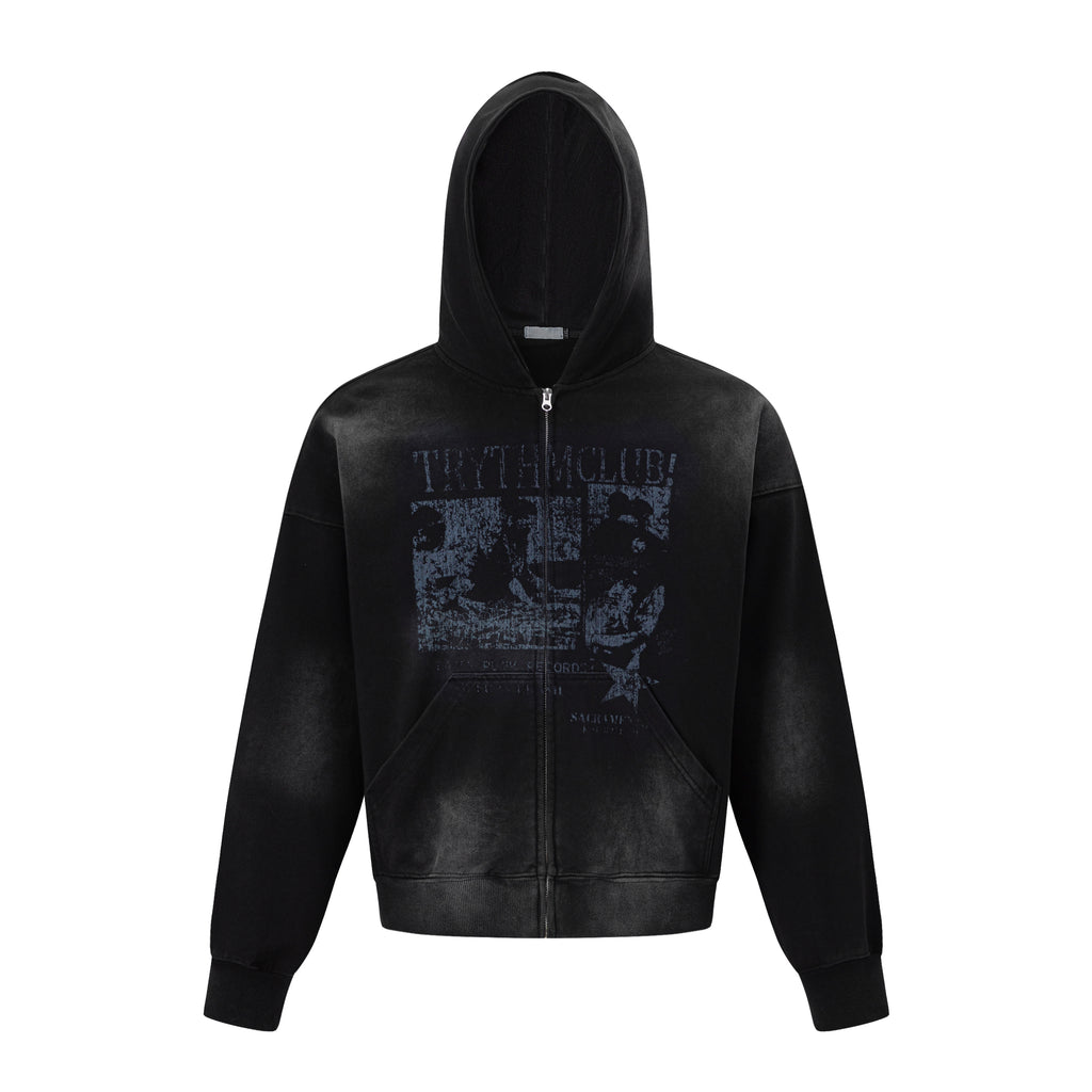 MADWITCH RECORD-PRINT WASHED ZIP HOODIE #27560
