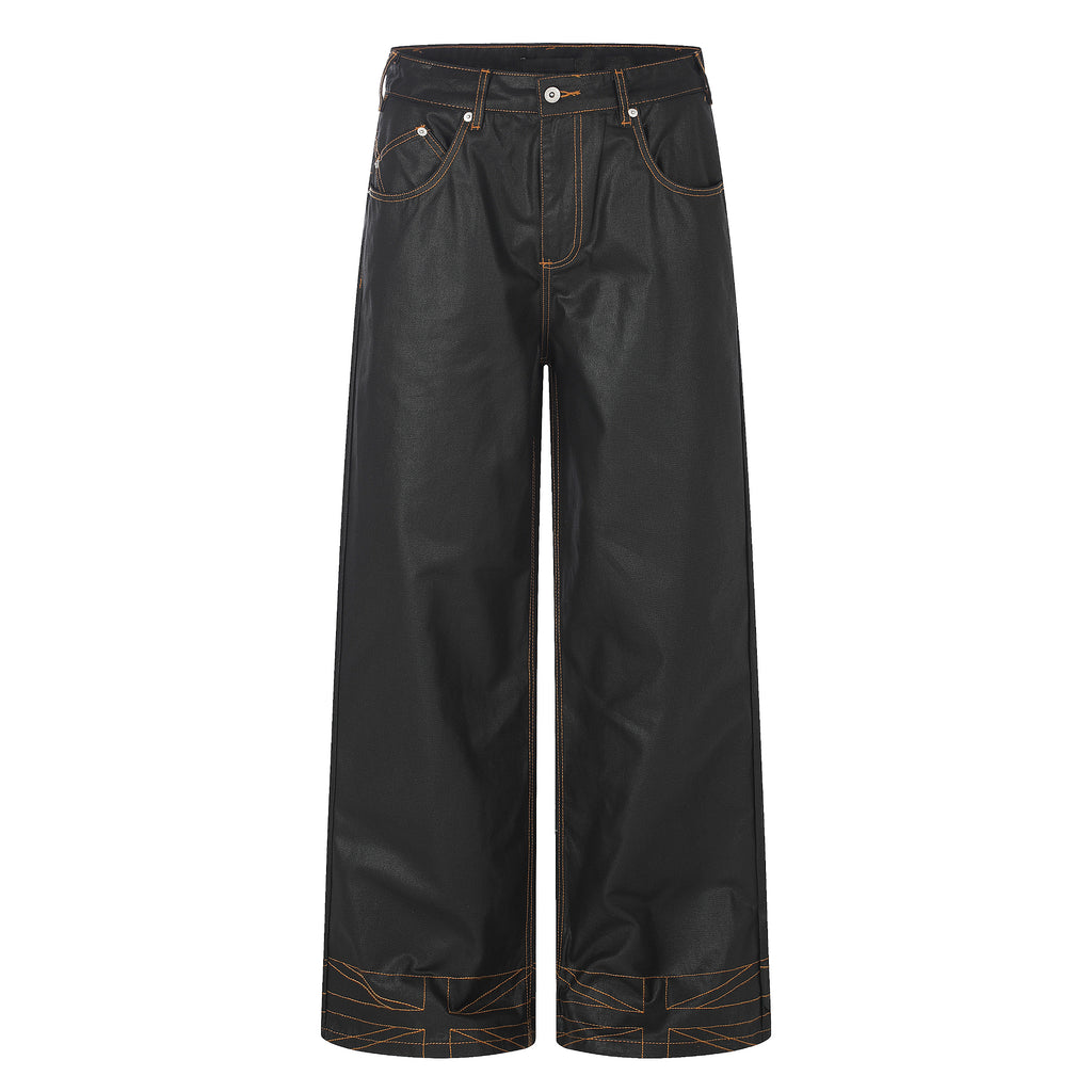 MADWITCH CONTRAST-STITCH WAXED-BLACK WIDE-LEG JEANS #GPC3659