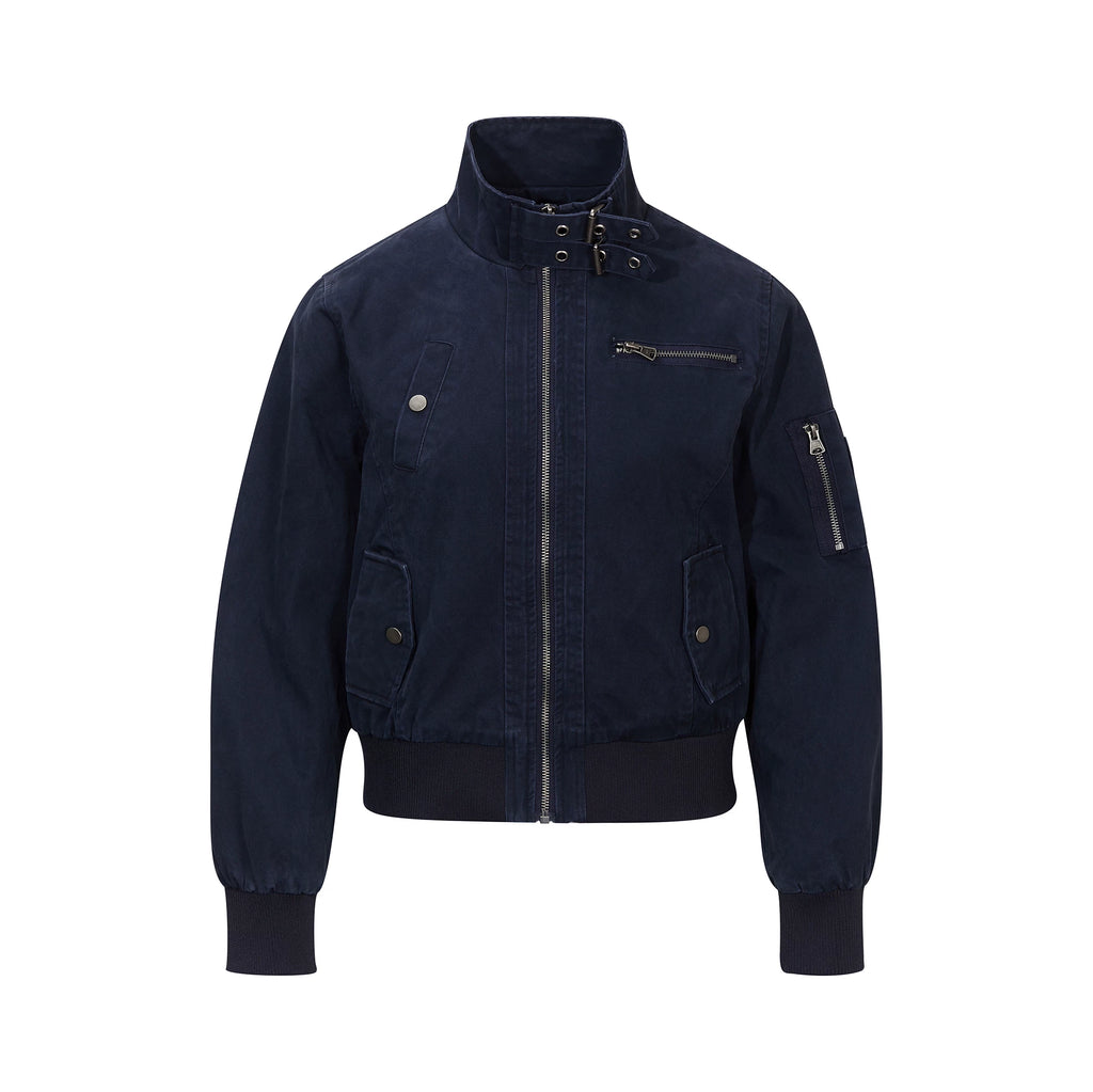 MADWITCH BUCKLED-COLLAR MULTI-POCKET WASHED CROPPED JACKET #N607
