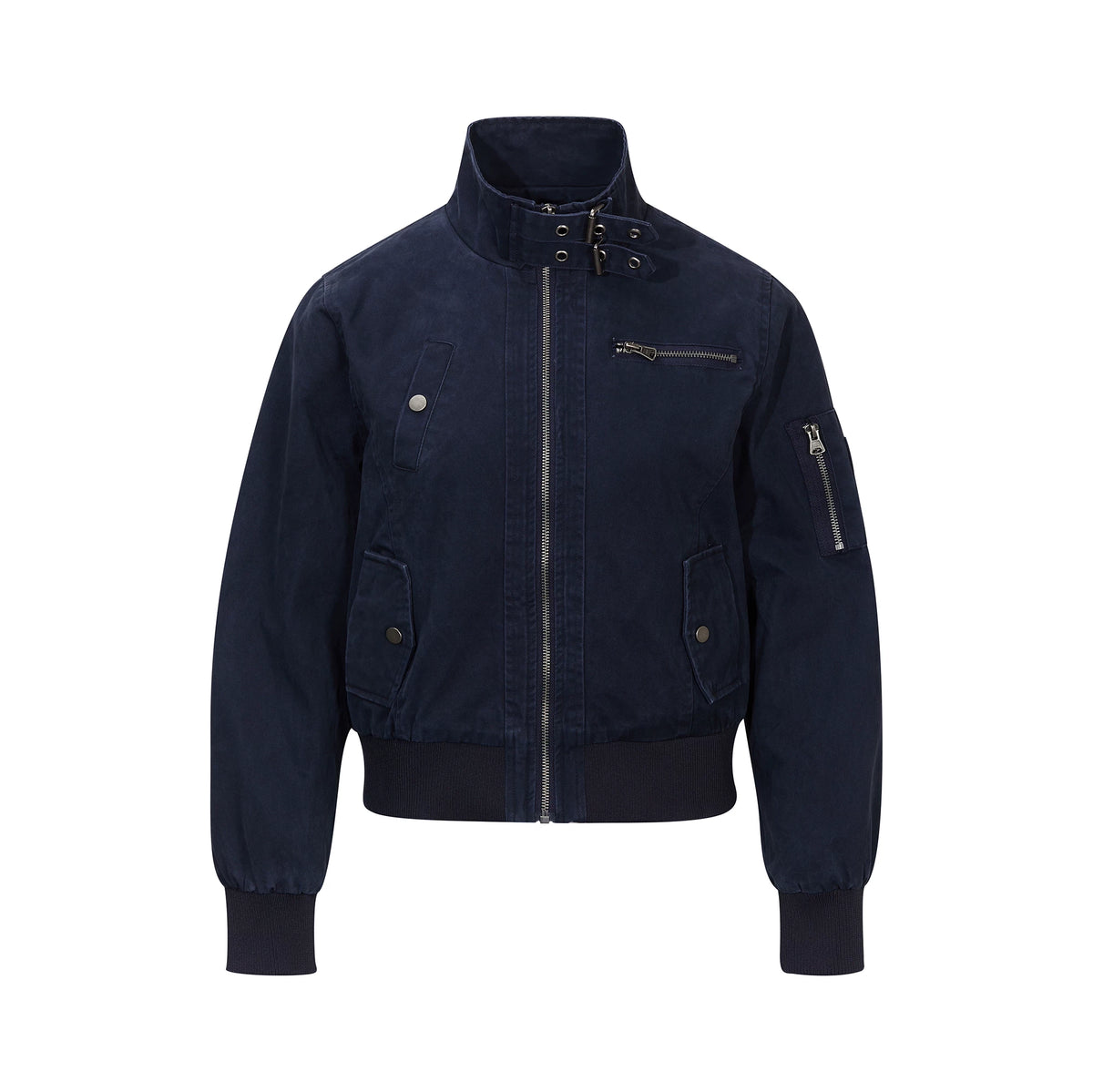 MADWITCH BUCKLED-COLLAR MULTI-POCKET WASHED CROPPED JACKET #N607